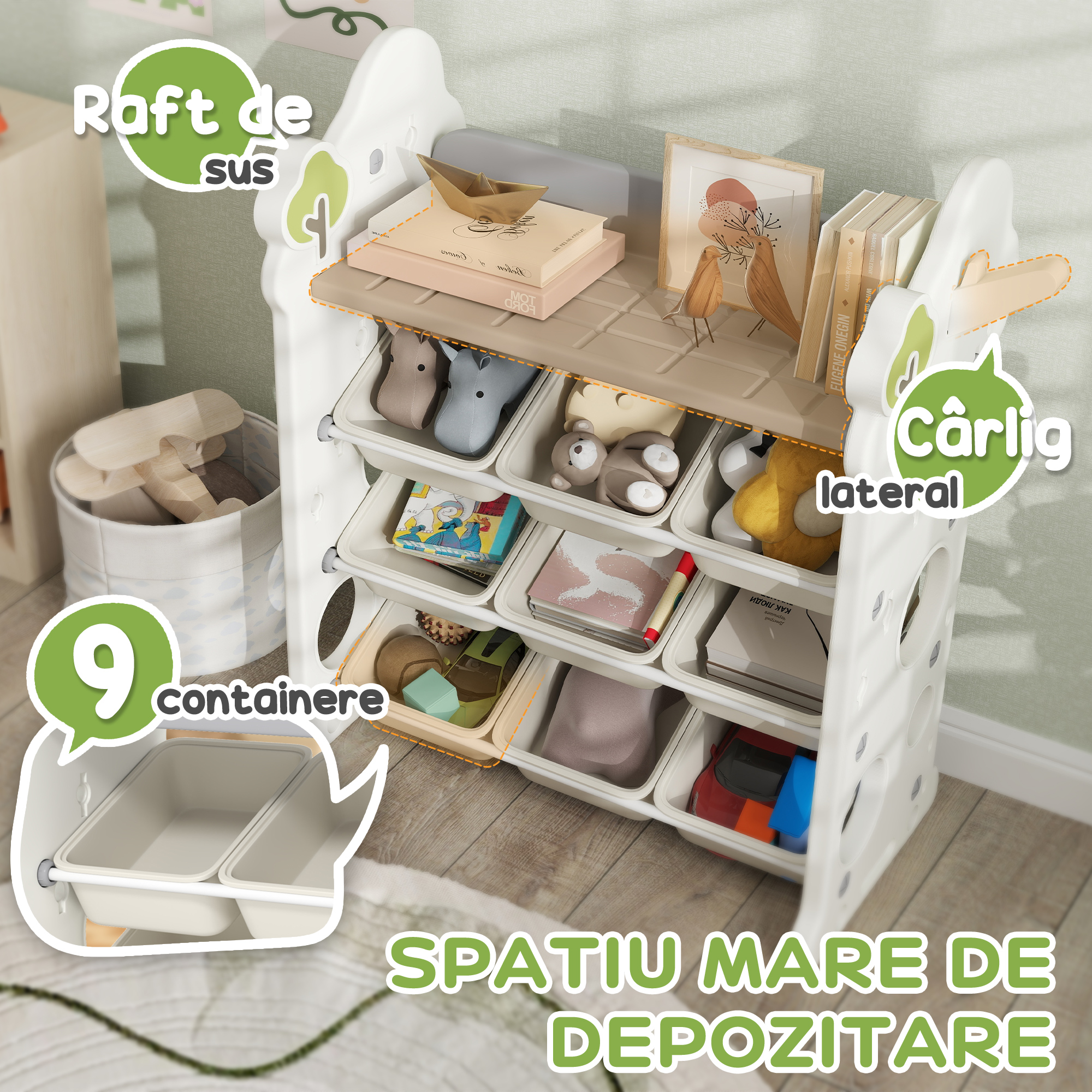  Etajera pentru Copii, Organizator de Depozitare Jucarii cu 4 Niveluri si 9 Cosuri, 77x42x94 cm, Crem Alb [3]