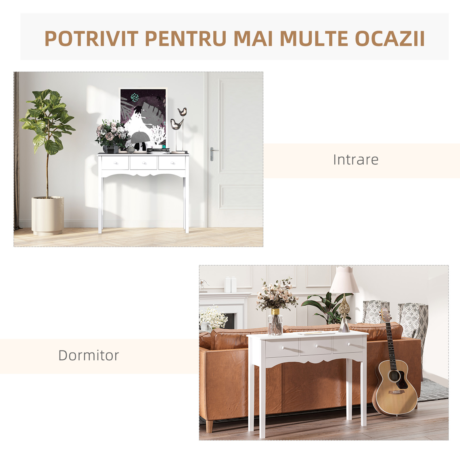  Masa Consola Moderna cu 3 Sertare, Consola de Intrare din MDF, pentru Hol, Sufragerie, 100x32x85 cm, Alb [4]