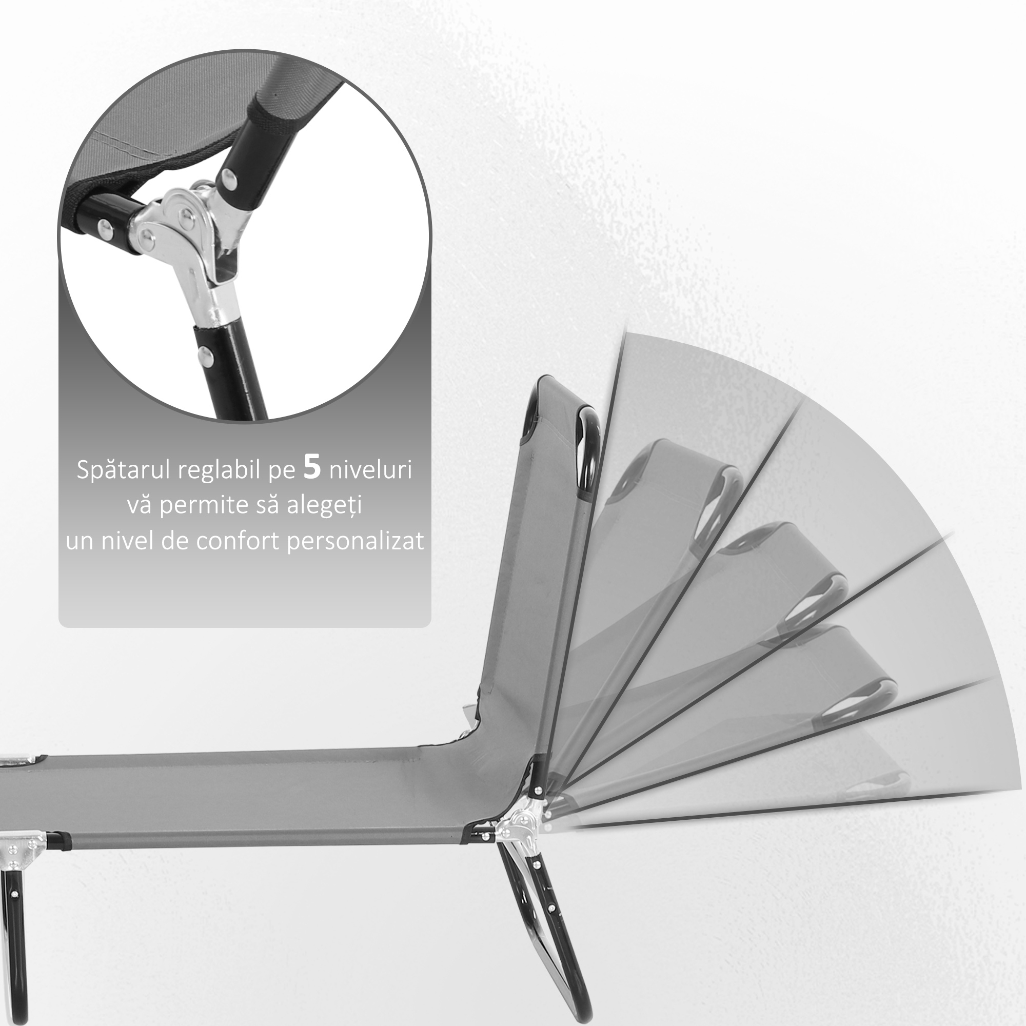  sezlong Pliabil cu Spatar Reglabil in 5 Pozitii, sezlong de Gradina cu Material Respirabil din tesatura Oxford, pentru Plaja, Piscina, Gradina, 188x56x28 cm, Gri [3]