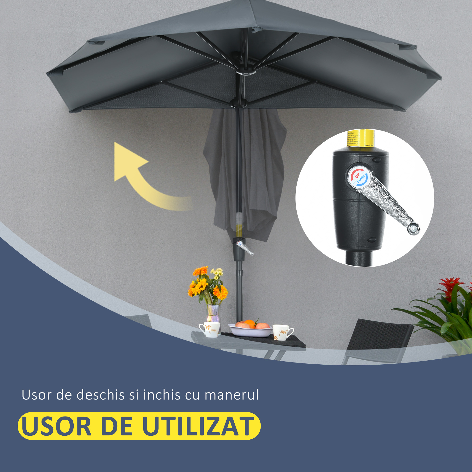  Umbrela Semicirculara cu Manivela si Acoperis Anti-UV, 200x190x240 cm, Gri [4]