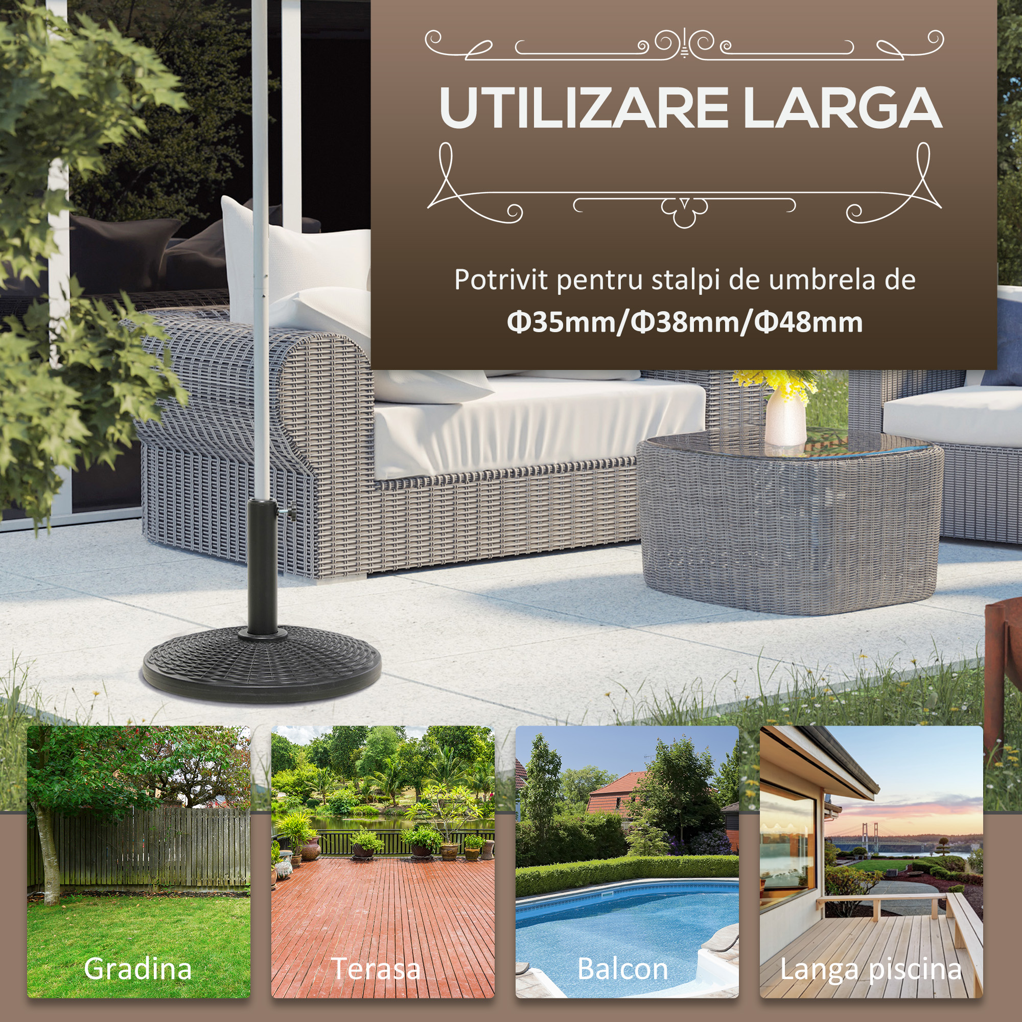  Baza Rotunda pentru Umbrela, Efect Ratan, de 12,5 kg, Suport pentru Stalpi de 38mm si 48mm, Ø44,5 cm, Negru [5]