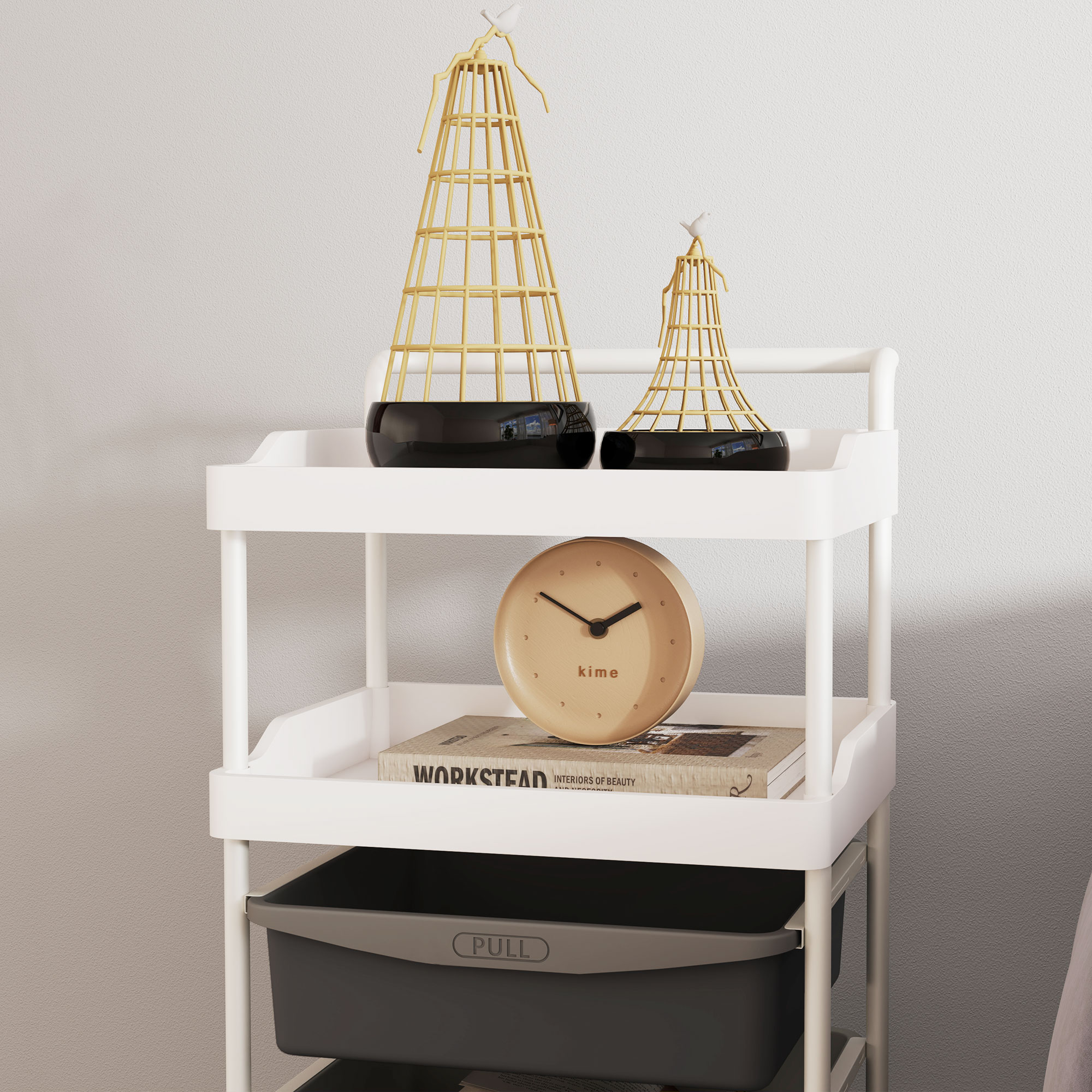  Carucior de Depozitare cu 2 Tavi Fixe si 3 Tavi Glisante, din Otel si PP, 40x34x85 cm, Alb si Gri [7]