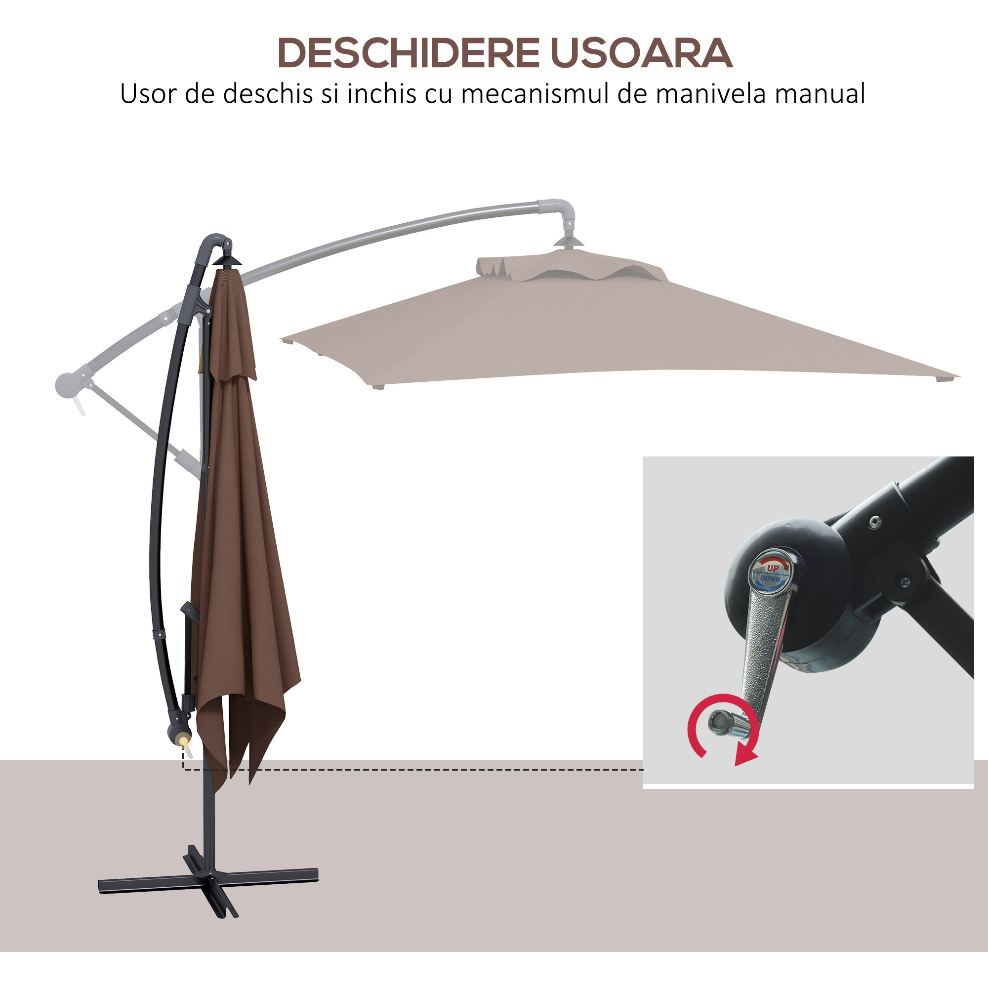  Umbrela de Gradina Suspendata cu Baza in Forma de Cruce si Deschidere cu Manivela, 294x193cm, Maro [3]