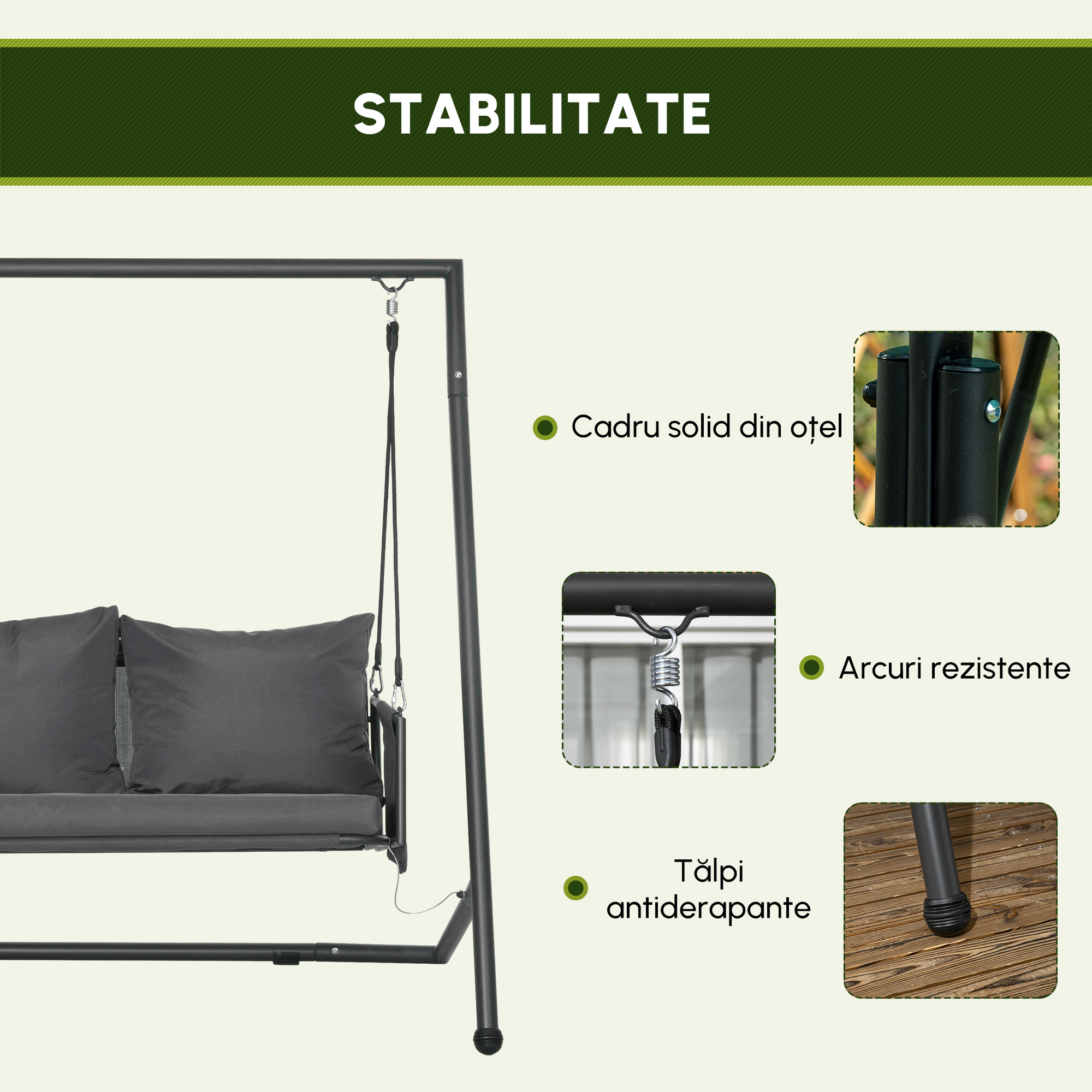  Leagan de Gradina cu 2 Locuri, Perne si Buzunare, Balansoar Exterior din Otel si Textile, 168x117x181 cm, Gri inchis [6]