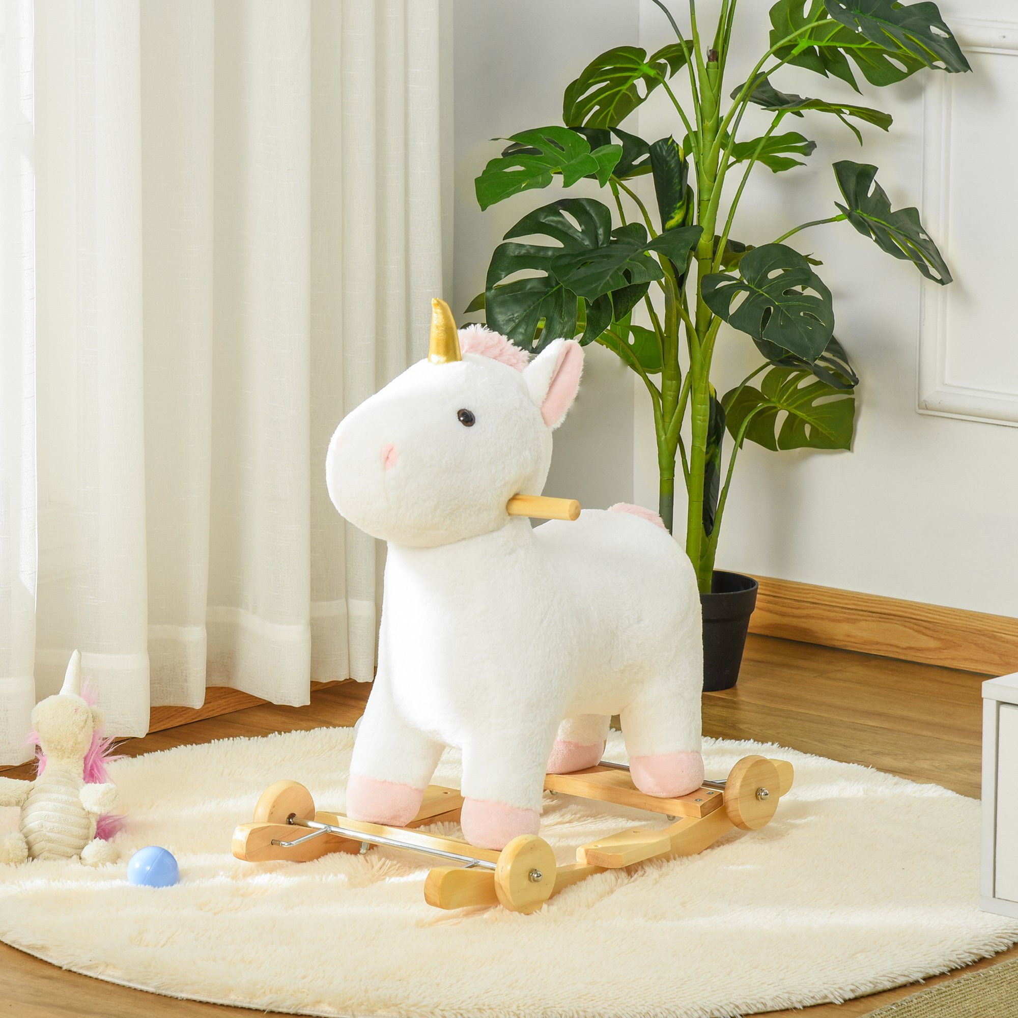  Cal tip Balansoar 2 in 1 Unicorn cu Roti Sunete si Invelis de Plus, Alb [1]