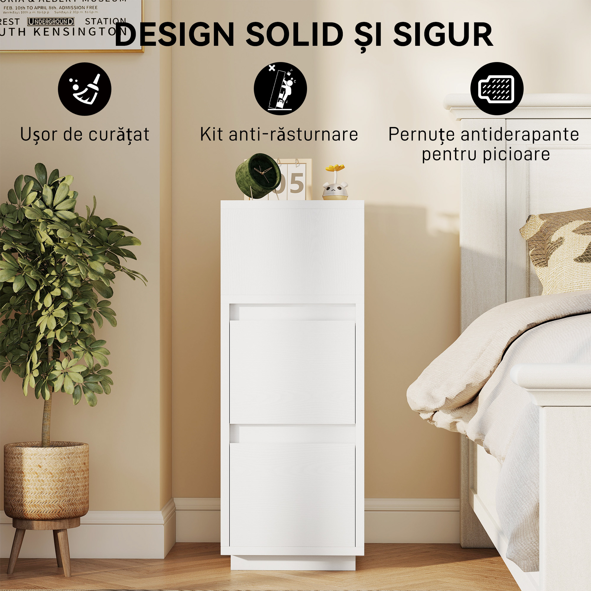  Set de 2 Noptiere Moderne cu 2 Sertare si Raft Deschis, 25x30x65 cm, Alb [6]