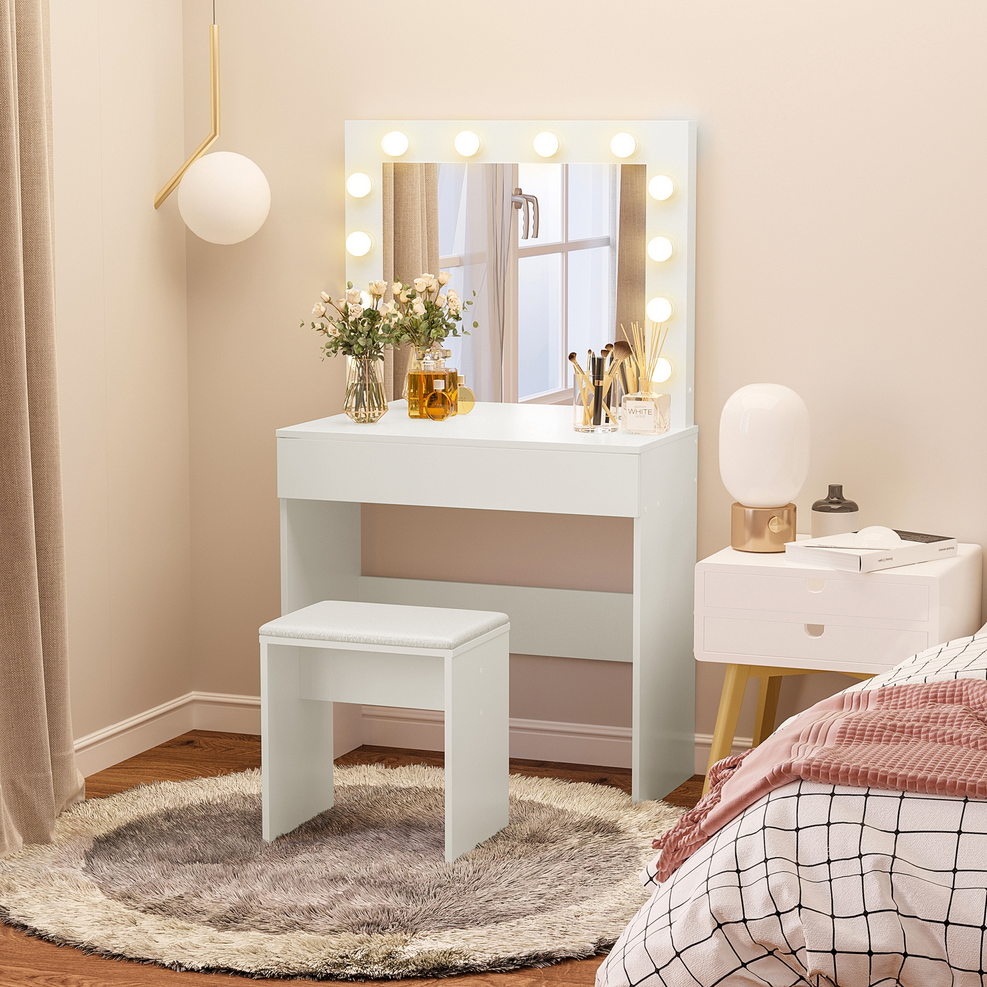  Masa Machiaj cu Oglinda LED 12 Lumini, Set cu Scaun Tapitat si Sertar Spatios, Mobilier pentru Dormitor, 80x40x140 cm, Alb [1]