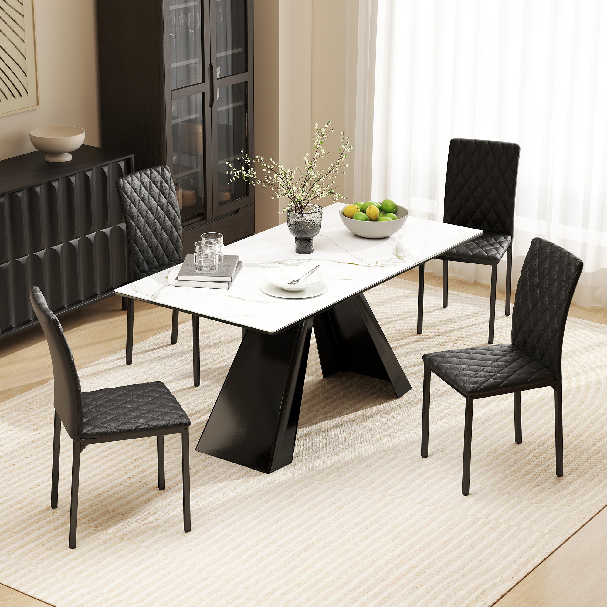  Set de 4 scaune pentru dining din piele sintetica cu cusaturi romboidale si picioare din metal, negru [1]