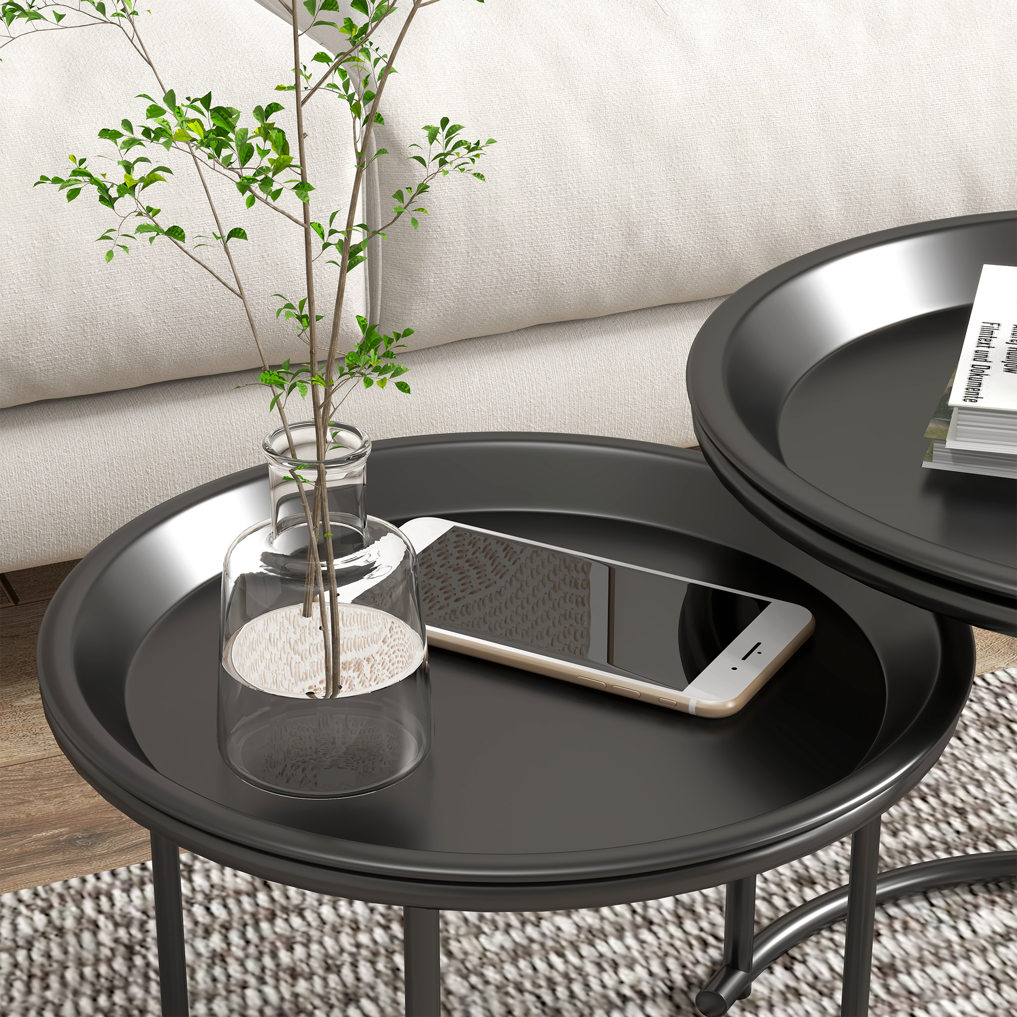  Set 2 Masute de Cafea Suprapozabile Rotunde cu Tavi Detasabile din Otel, Negru [7]