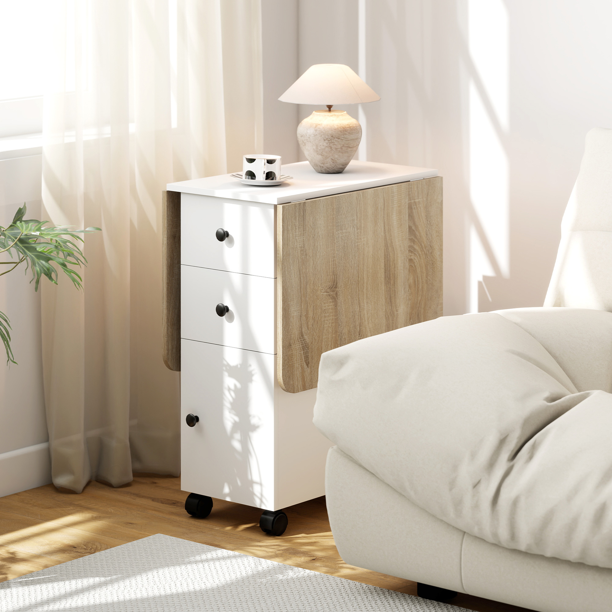  Masa pliabila cu 2 sertare si dulap, 6 roti si frane, 120x60x76.5 cm, alb si stejar [8]