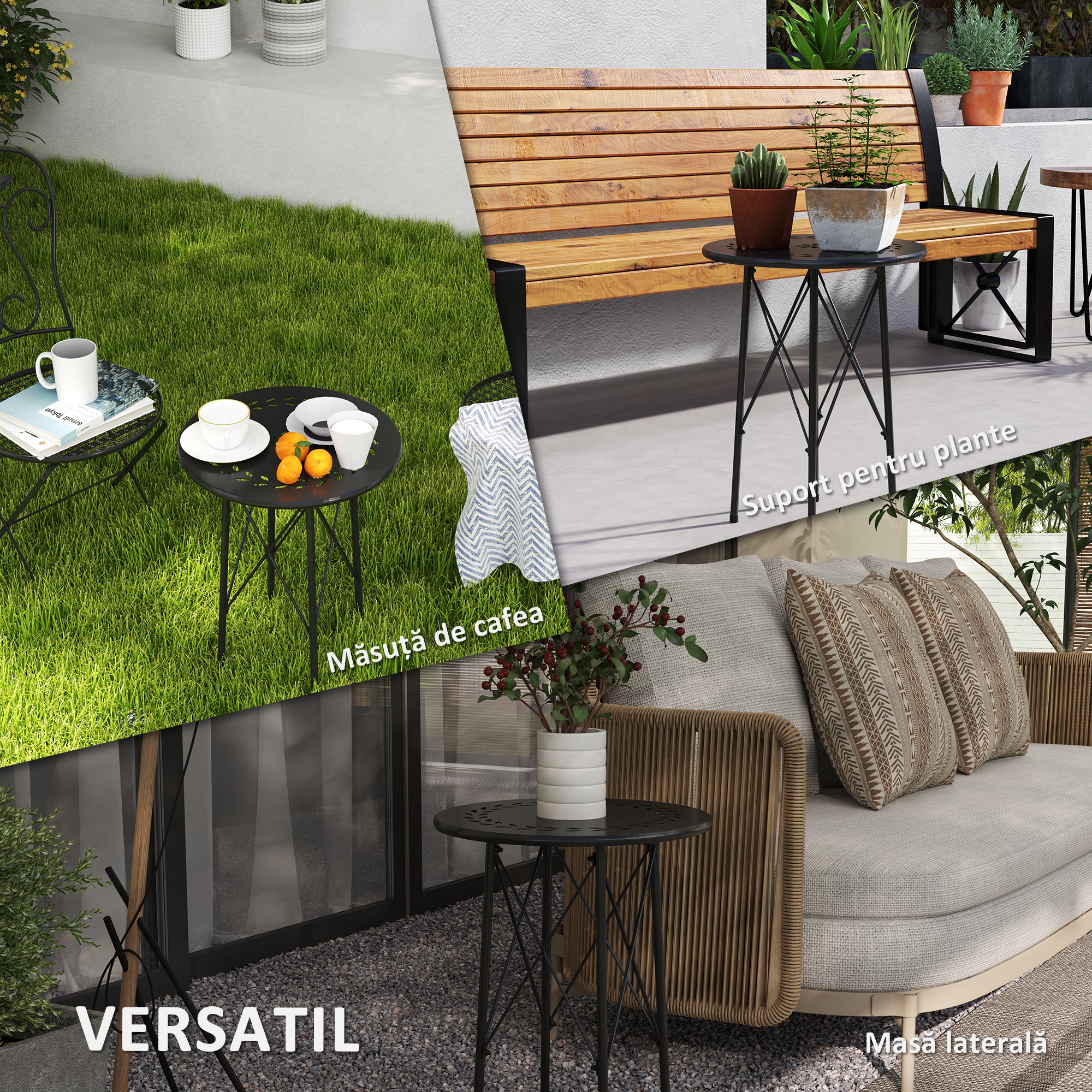  Masuta de Gradina cu Intarsii Florale si Frunze, Masa de Exterior si Interior, Ø40x50 cm, Negru [6]