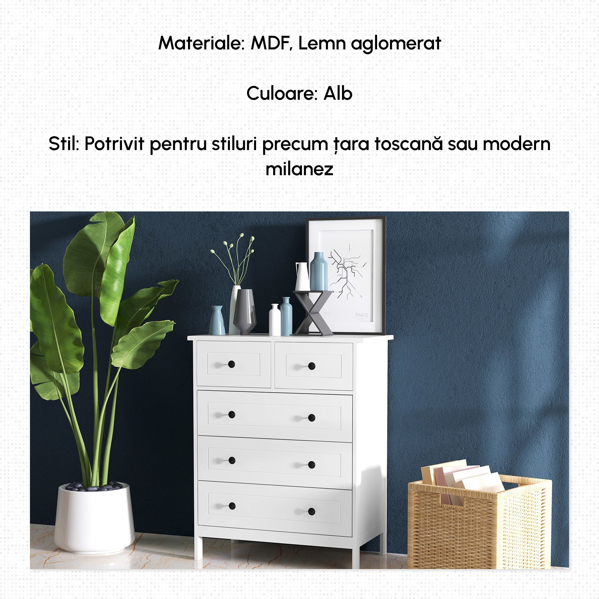  Comoda cu 5 Sertare cu Manere, Alb [4]