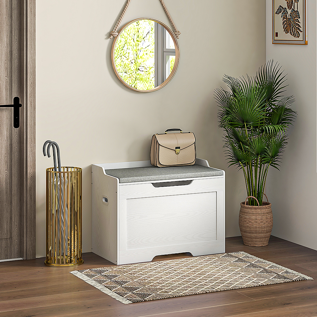  Banca de Depozitare cu Perna din Material Textil, Banca Multifunctionala cu Balama de Siguranta, 75x40x56 cm, Alb [1]