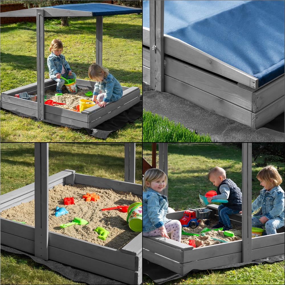 Lada nisip din lemn cu acoperis reglabil si capac, pliabila, 120x120x120 cm, gri [32]