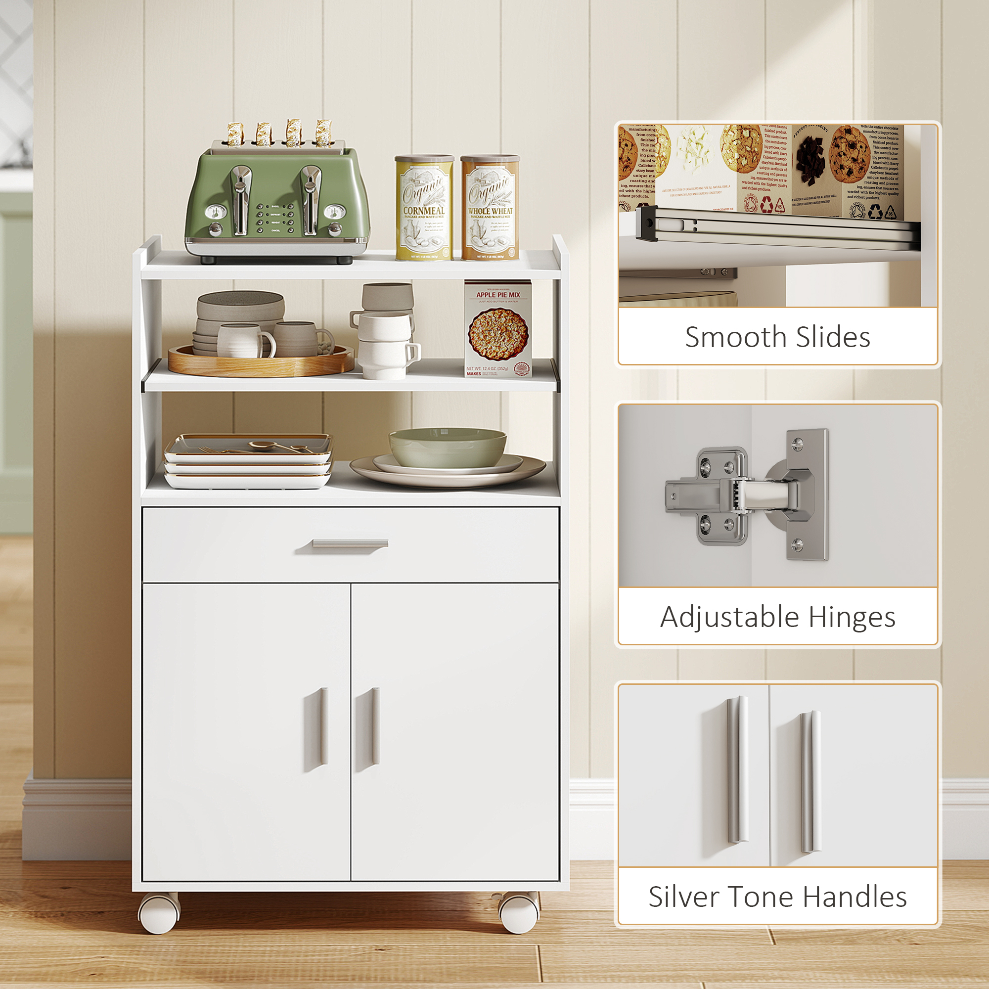  Dulap pentru Cuptorul cu Microunde din Lemn cu Sertar, Dulap cu 2 Usi si 2 Rafturi, 59x40x92 cm, Alb [6]