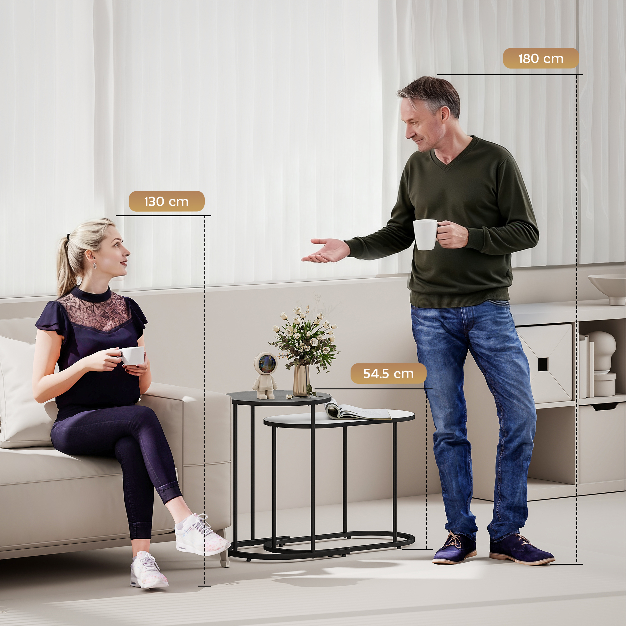  Set 2 Masute de Cafea Suprapuse cu Cadru Metalic pentru Sufragerie si Birou, Gri si Alb [8]