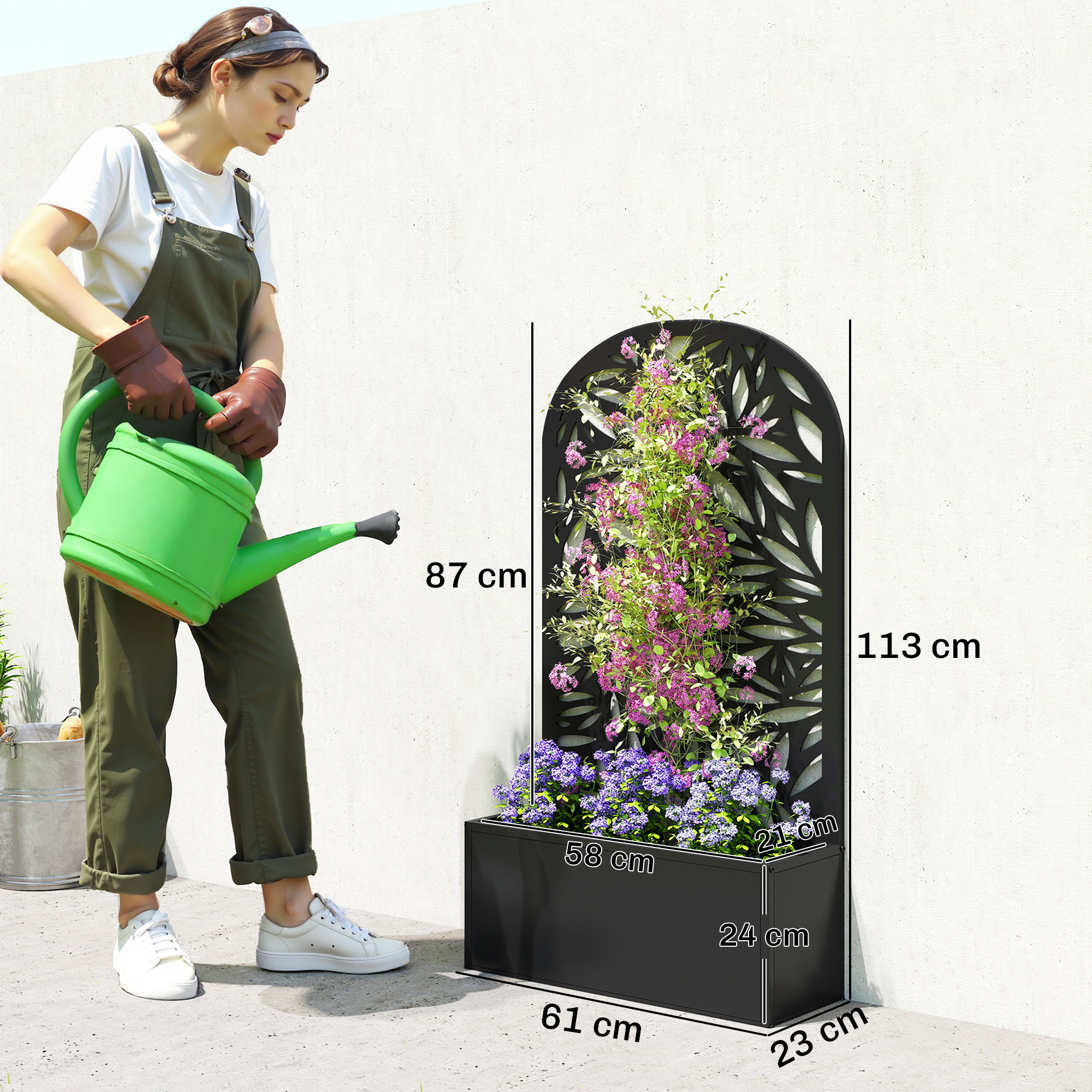  Jardiniera Elevata de Exterior, Jardiniera cu Suport Decorativ Arcuat cu Motive de Frunze pentru Plante Cataratoare din Metal, Montare pe Perete sau Independenta, pentru Plante si Flori, 61x23x113 cm [2]