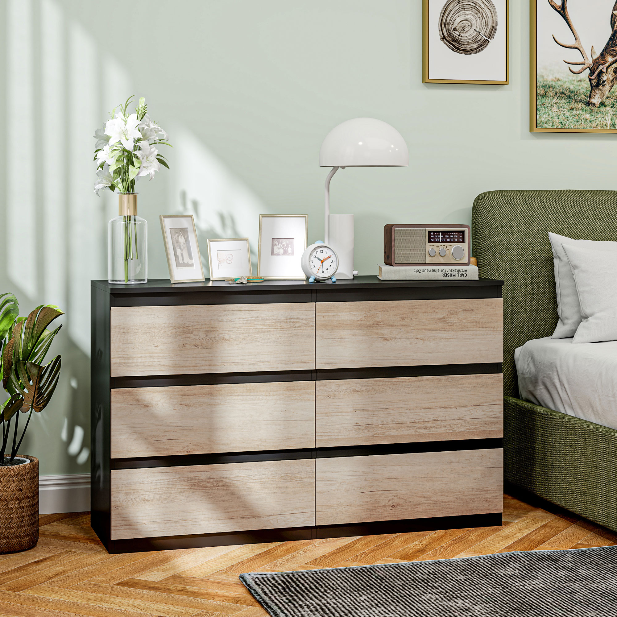  Comoda cu 6 Sertare pentru Dormitor din Lemn cu sine Metalice, 120x39x75 cm, Neagra si de Culoarea Lemnului [1]