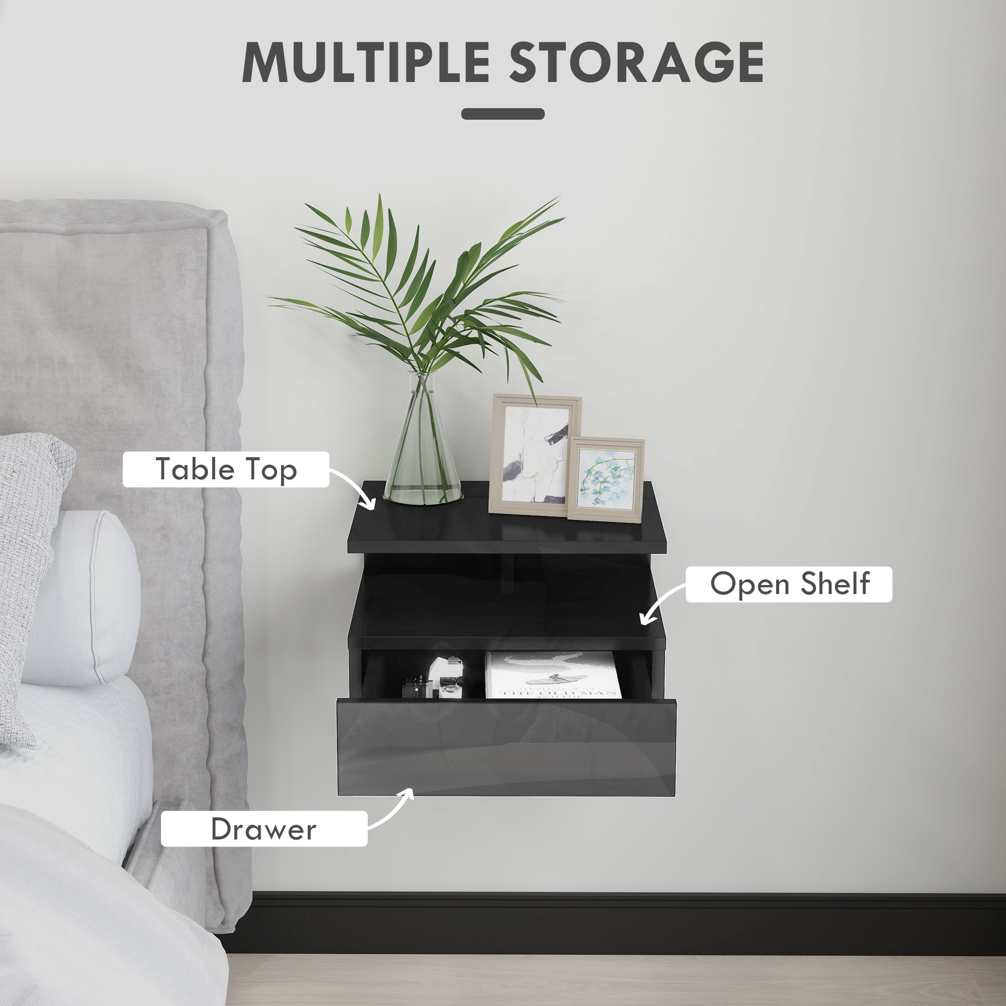  Set de 2 noptiere moderne suspendate cu sertar si polita din lemn, 35x32x22,5cm, negru lucios [4]