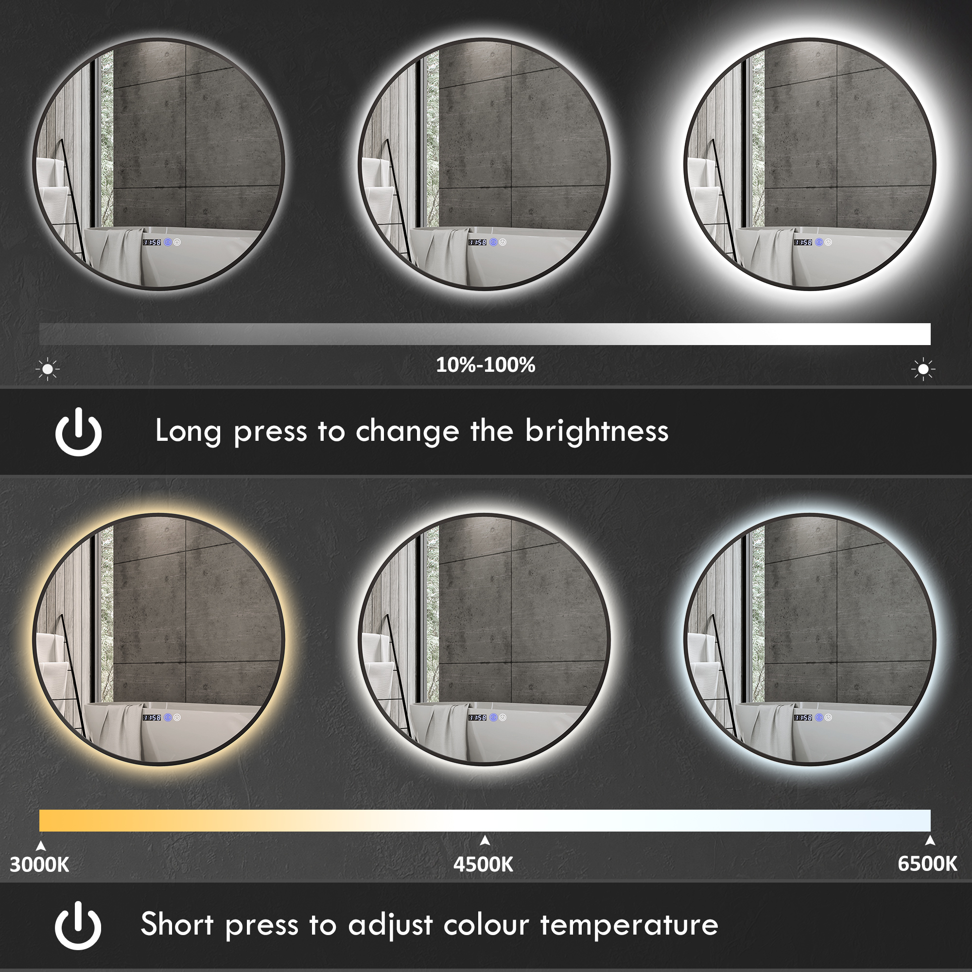  Oglinda de Baie Anti-Ceata cu Lumini LED Reglabile, Ø70x3 cm, Negru [3]