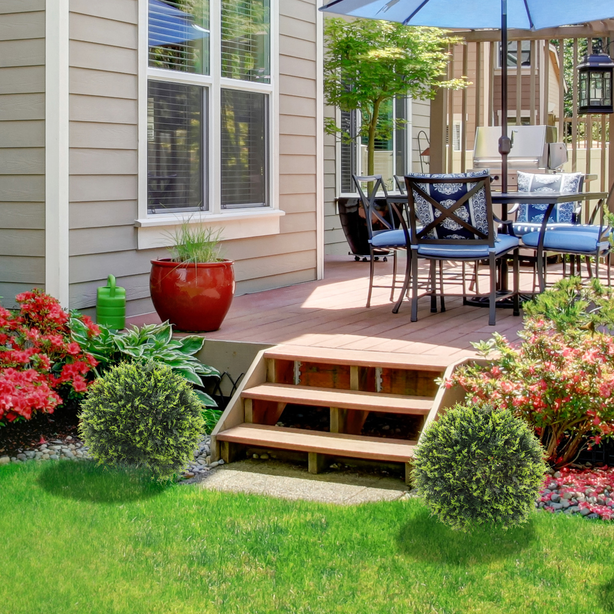  Set de 2 Plante Artificiale Rotunde cu Frunze de Cedru pentru Casa si Gradina Ø45 cm, Verde [8]