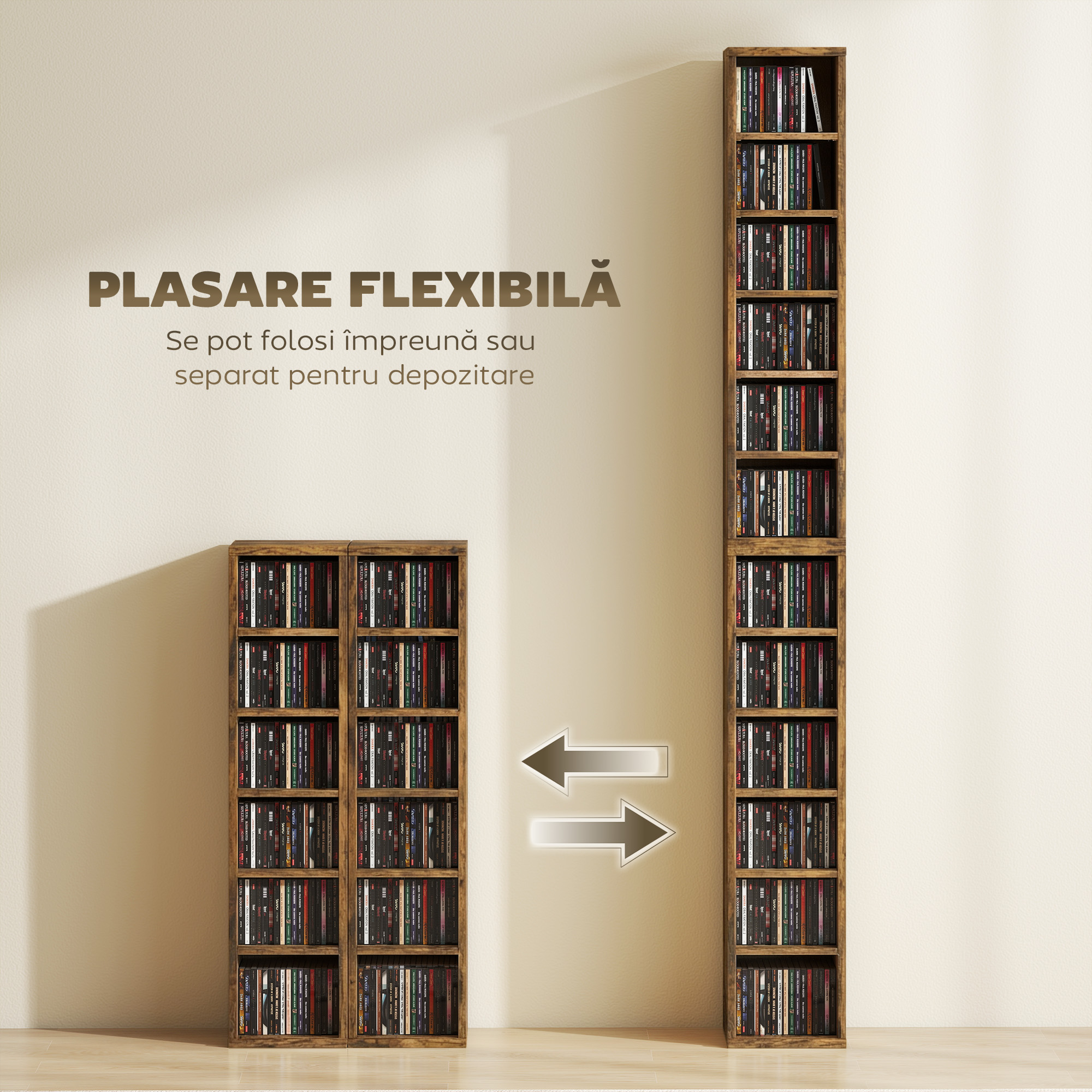  Set 2 Rafturi pentru CD-uri cu Polite Reglabile pentru 204 CD-uri din Lemn, 21x22,5x88,5 cm, Maro Rustic [4]