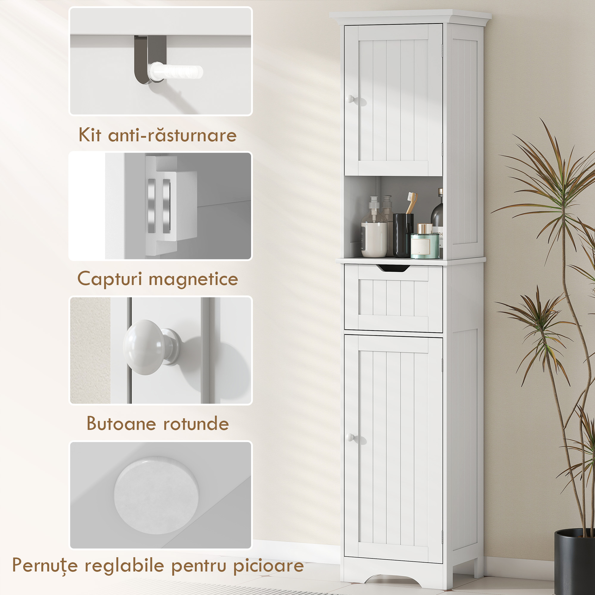  Mobilier Vertical de Baie Slim cu 2 Dulapuri cu Usi, LED cu Senzor, Mobilier Compact cu Raft Deschis, Sertar, Picioare Reglabile, 40x30x170 cm, Alb [6]