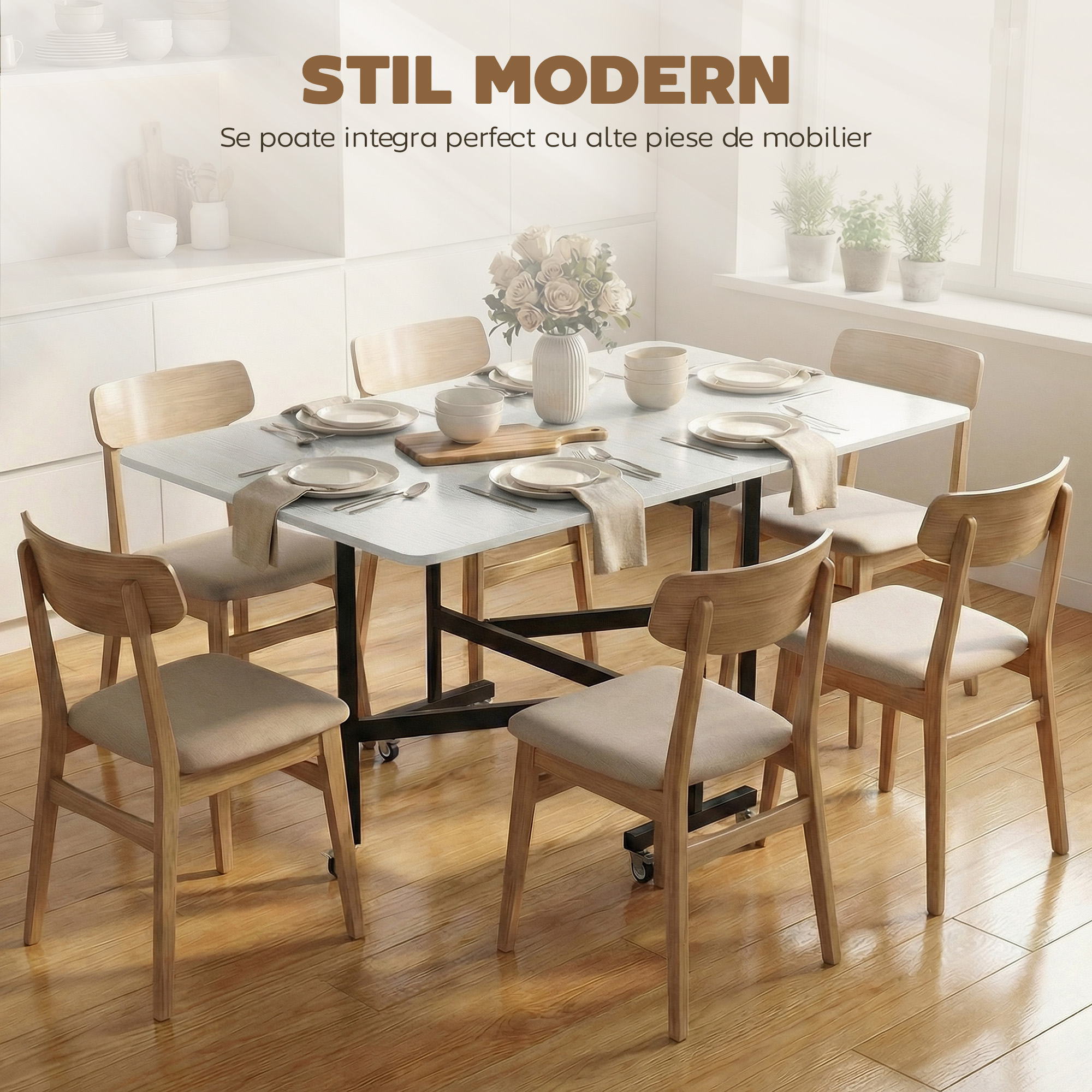  Masa pliabila pentru 4-6 persoane cu 2 extensii si roti cu frana, 120x80x73 cm, alb cu aspect de lemn [3]