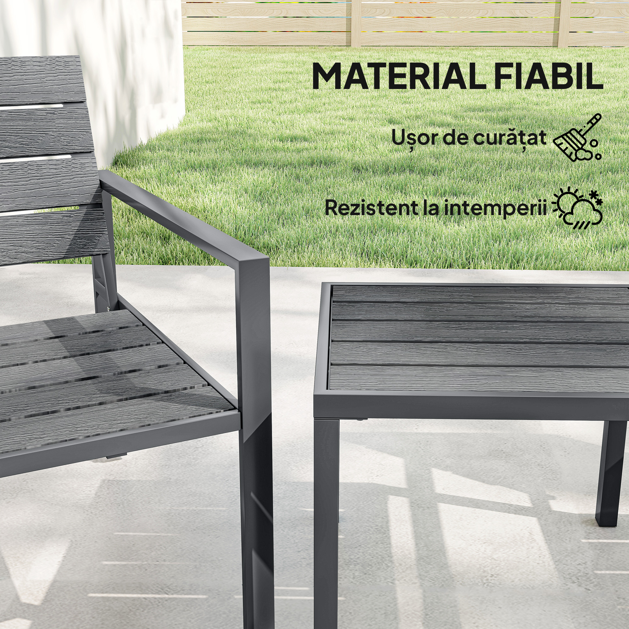  Set de Gradina 3 piese cu 2 Scaune de Exterior si Masuta de Cafea, din HDPE si Metal, Gri inchis [4]