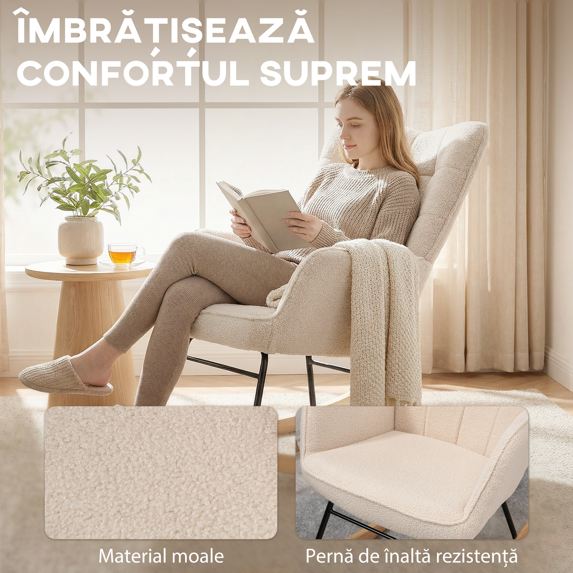  Fotoliu Balansoar Tapitat din Lemn si Otel pentru Living si Dormitor, 71x98x101 cm, Bej [5]