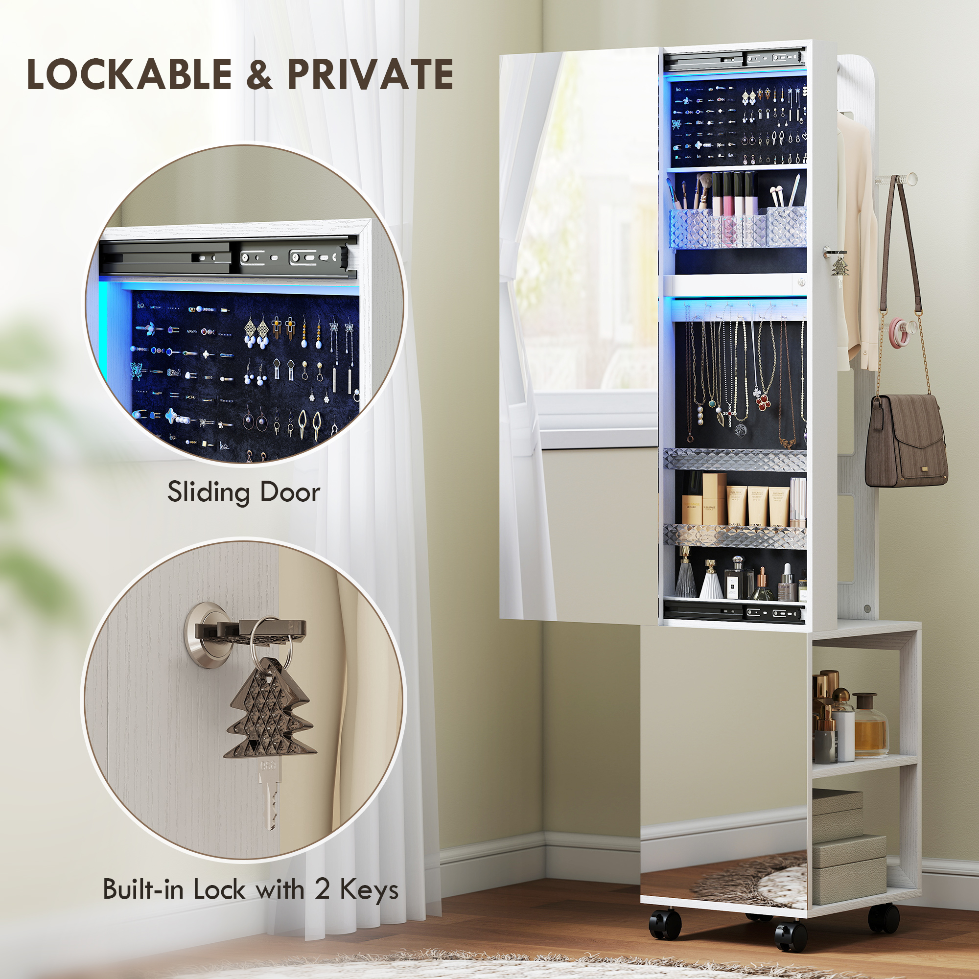  Dulap pentru Bijuterii cu Oglinda Rotativa 360°, Lumina LED Reglabila, incuietoare si Rafturi, 37x40x165,5 cm, Negru [8]