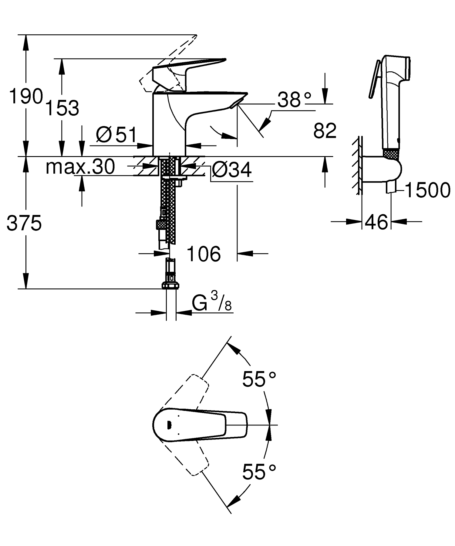 Baterie lavoar cu dus igienic Grohe 23773001, Start Edge, tip comanda monocomanda, tip instalare pe lavoar, crom [2]