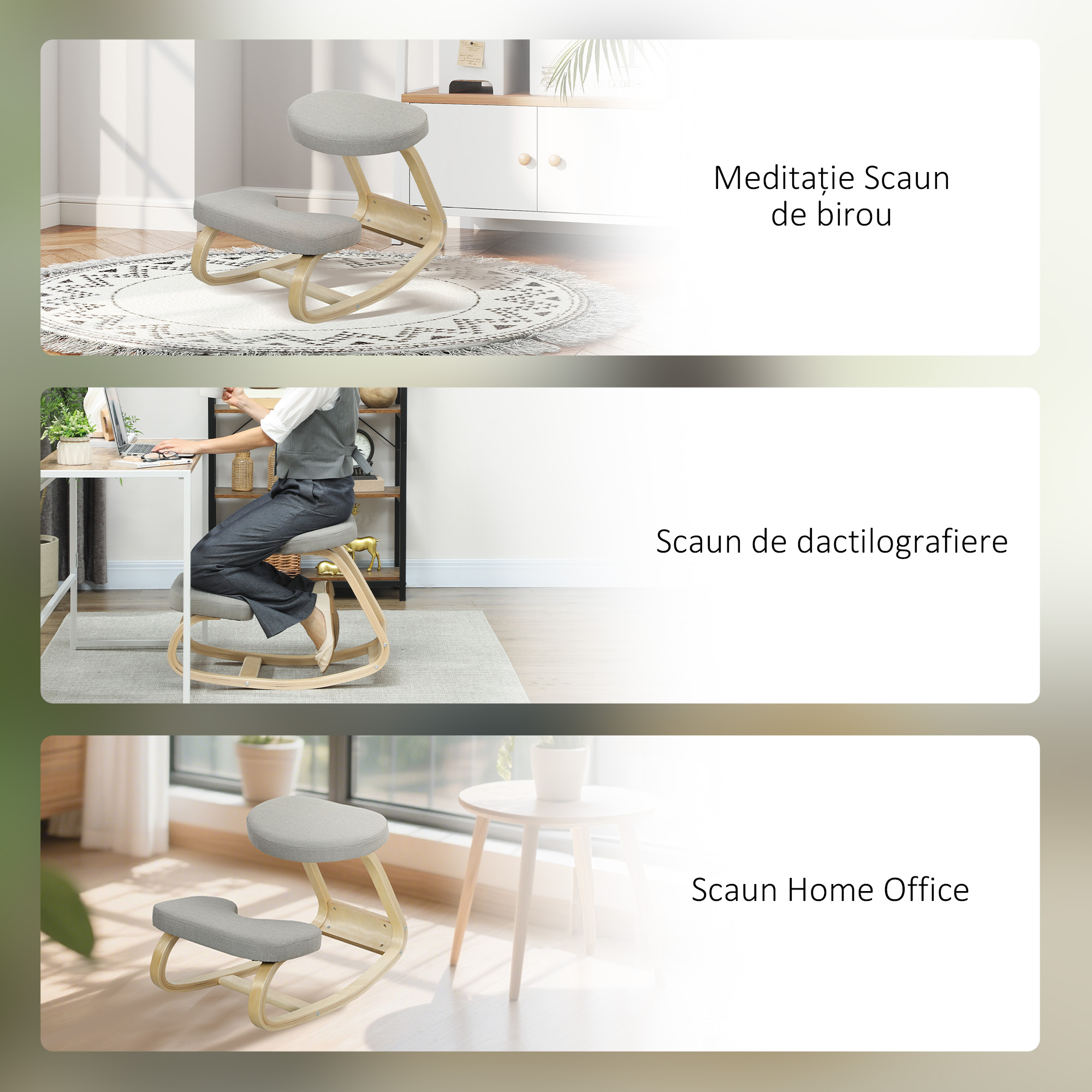  Scaun cu Genunchii cu Miscare de Balans, din tesatura si Lemn de Mesteacan, 50x73x55 cm, Gri [6]