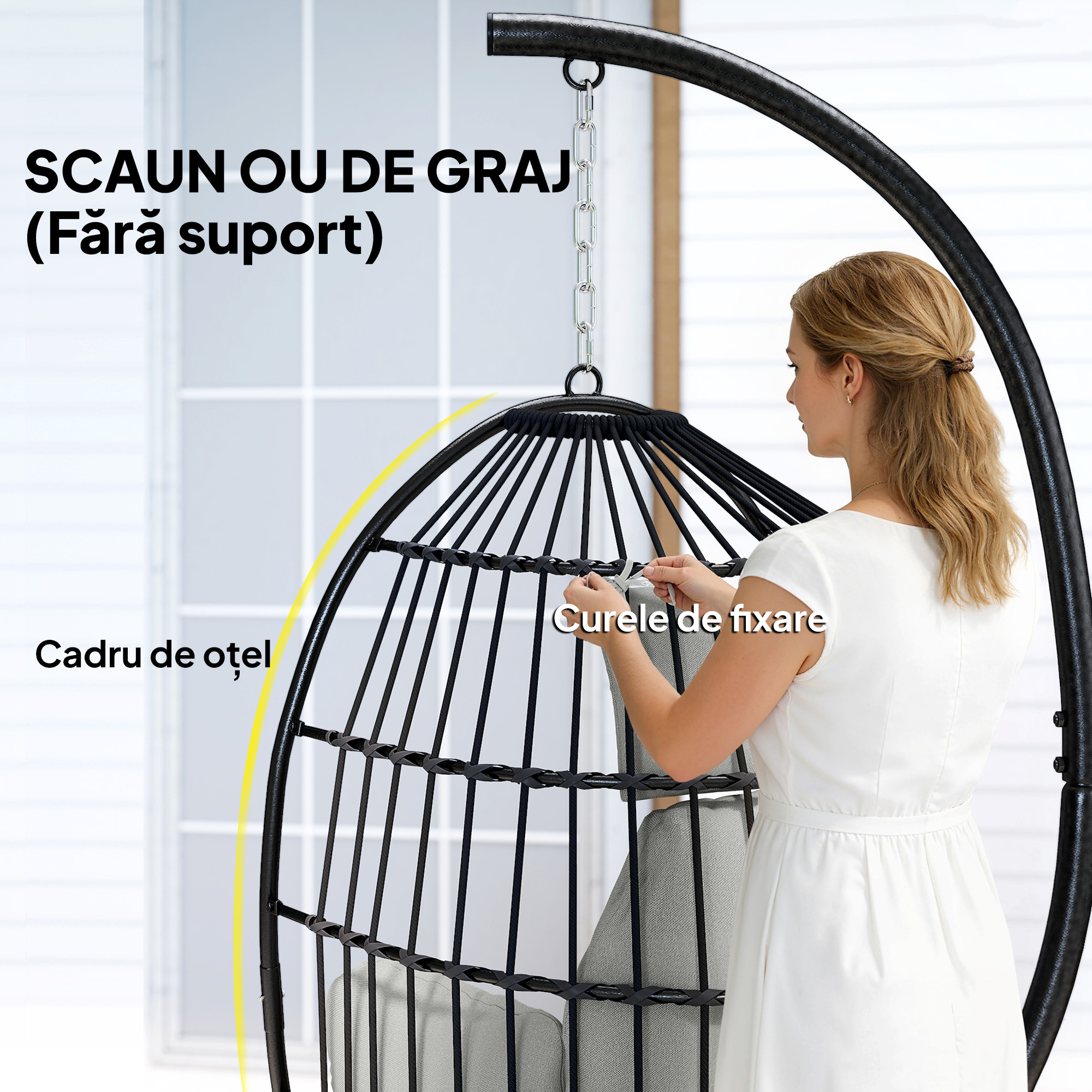  Scaun Suspendat in Forma de Ou cu Agatatoare, Perna Moale, Tetiera, Suport pentru Pahare, Scaun Pliabil de Gradina din Otel, pentru Interior si Exterior, 75x62x107 cm, Gri [3]