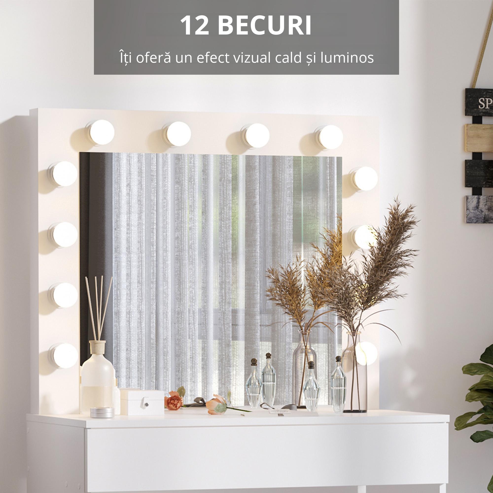  Masa Machiaj cu Oglinda LED 12 Lumini, Set cu Scaun Tapitat si Sertar Spatios, Mobilier pentru Dormitor, 80x40x140 cm, Alb [5]