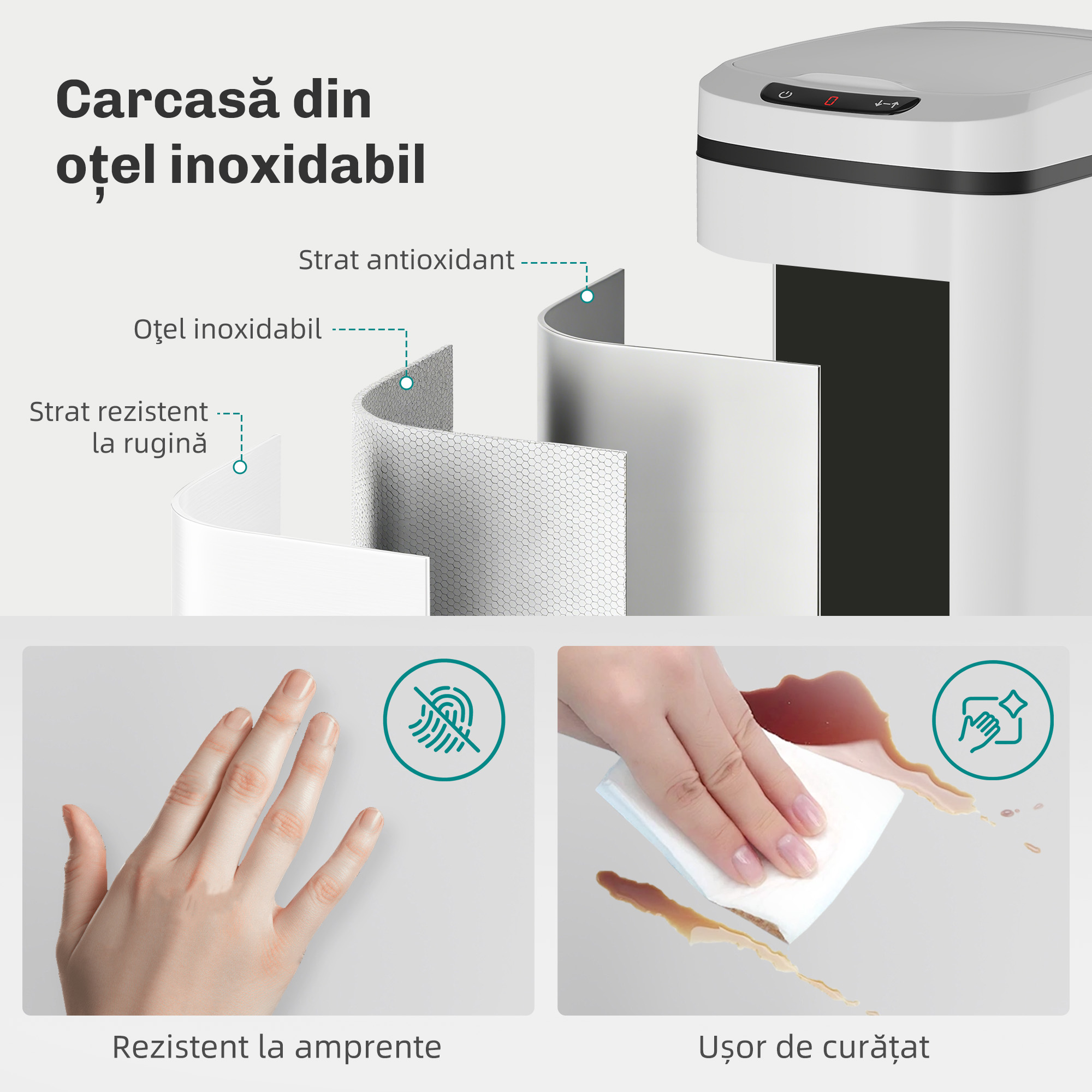  Cos de Gunoi cu Senzor, 12L, Buton Touch si Galeata Detasabila, Otel Inoxidabil, ABS si PP, 28x22x41 cm, Alb [6]