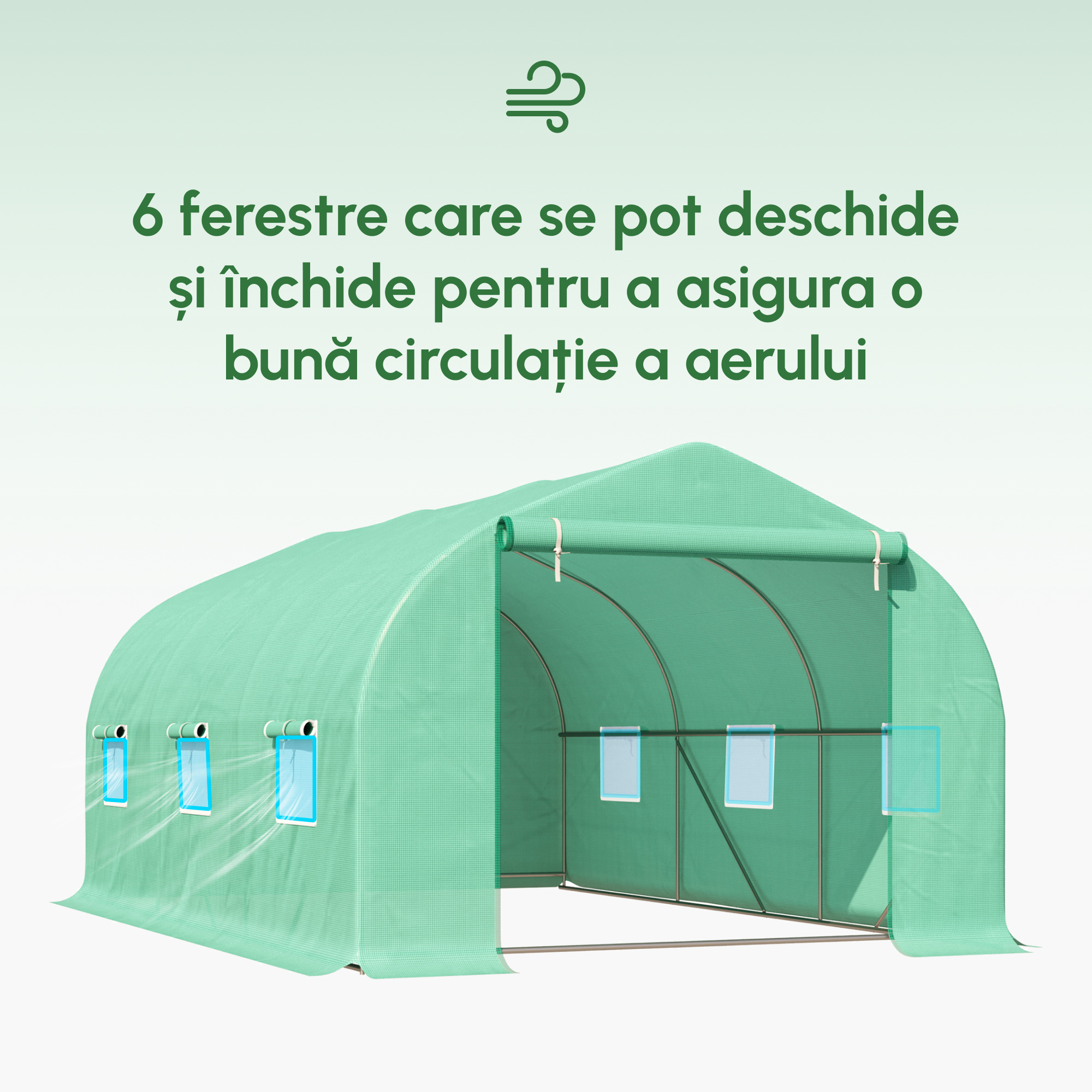  Sera pentru Gradina cu 6 Ferestre, Usa Rulanta si Acoperis invelit PE, 4,5x3x2 m, Verde inchis [3]