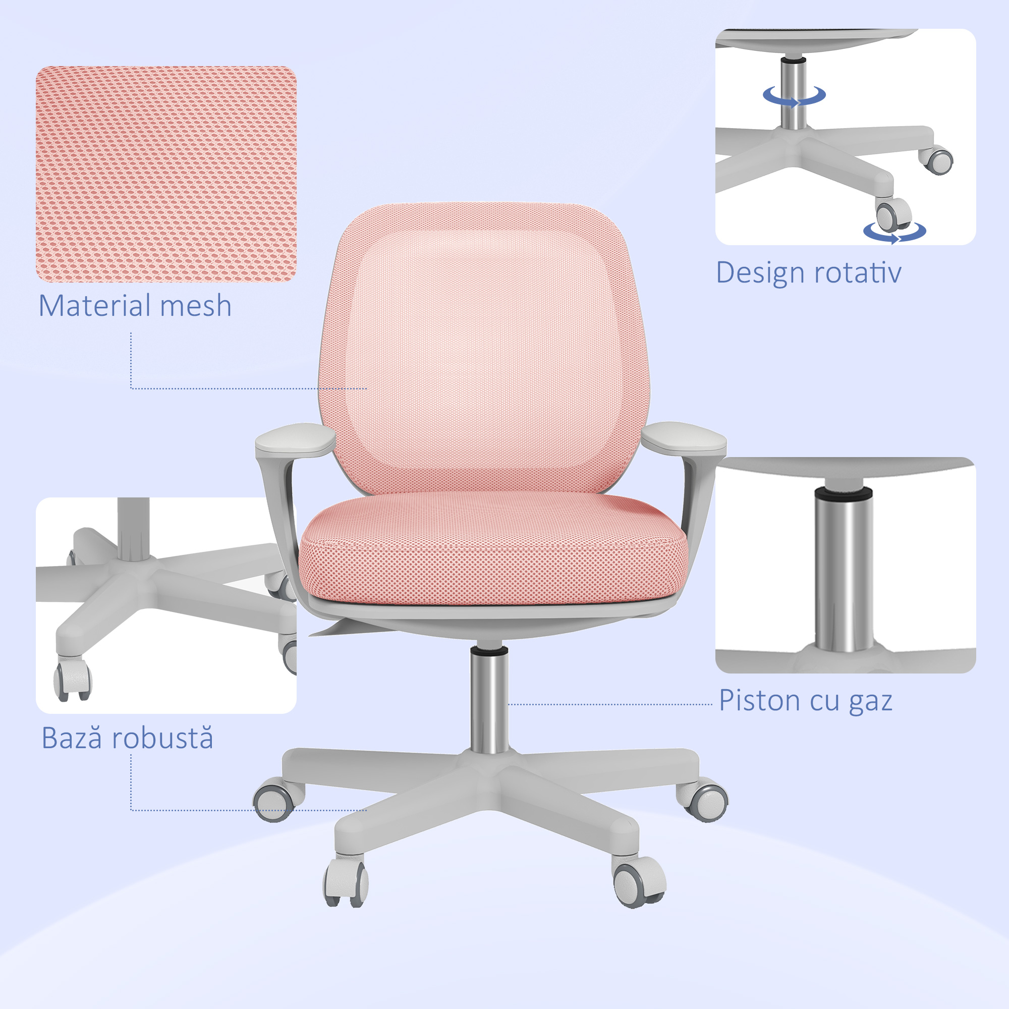  Scaun de birou ergonomic, reglabil pe inaltime, cu 5 roti, 55x48x82.5-94.5 cm, roz [6]