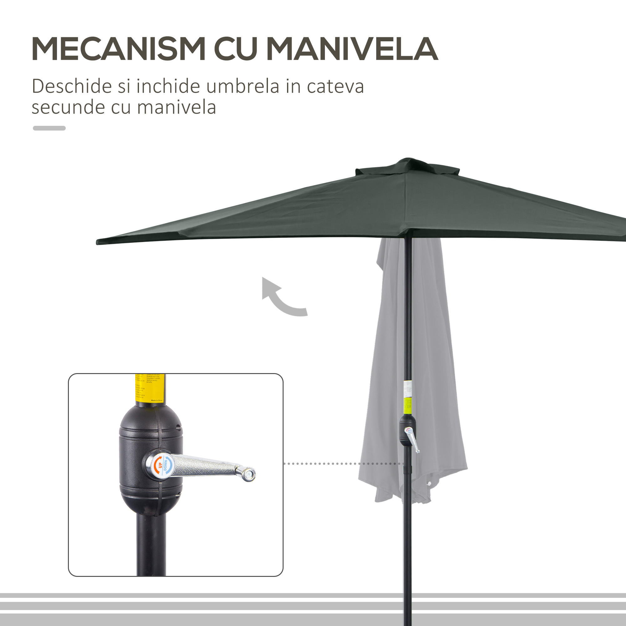  Umbrela Semicirculara de Perete pentru Gradina cu Deschidere cu Manivela din Poliester, Gri 269x138x236cm [4]