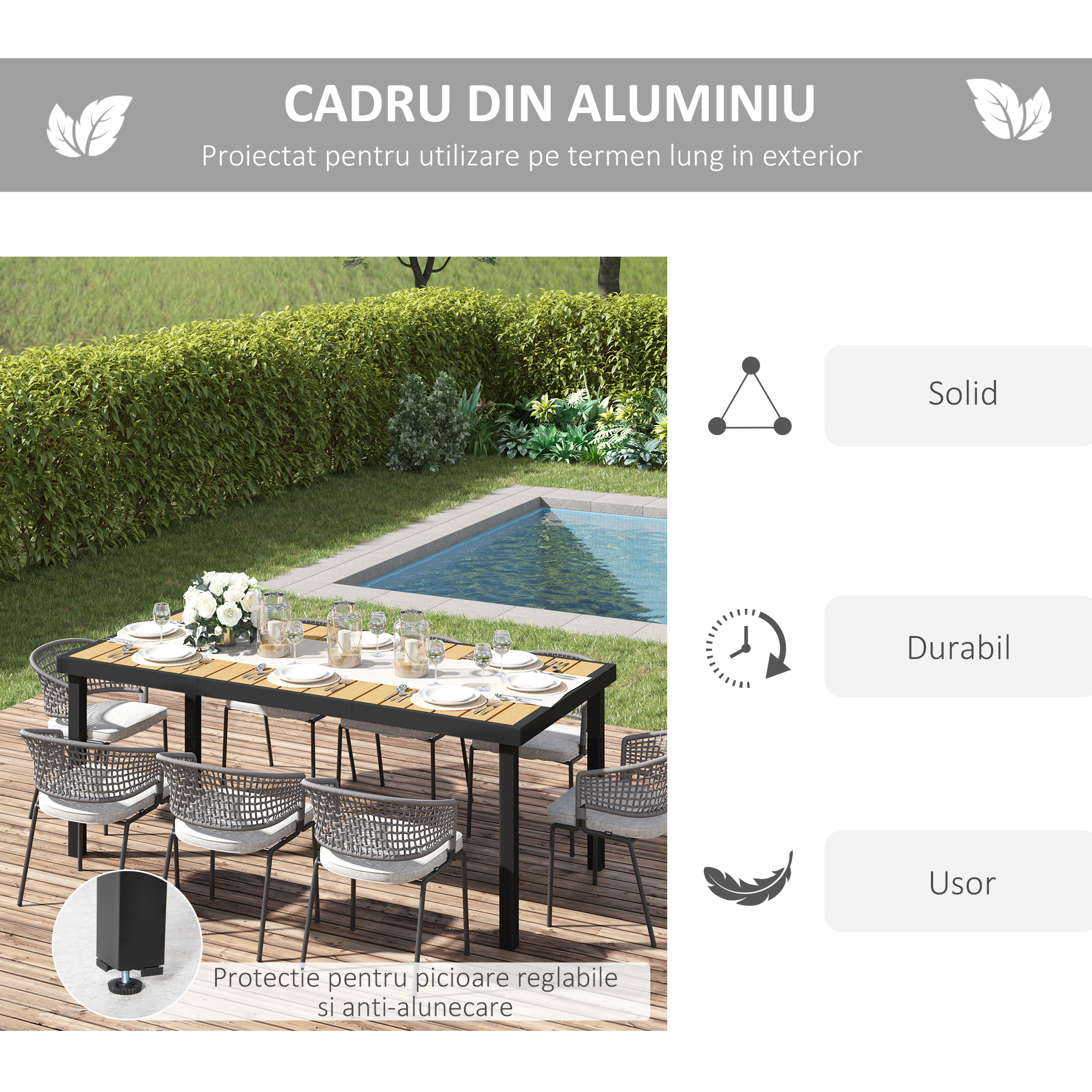 Masa de gradina  pentru 8 Persoane din Aluminiu, Masa de Exterior din Plastic pentru Terasa si Balcon, Negru si Culoare Lemn [4]
