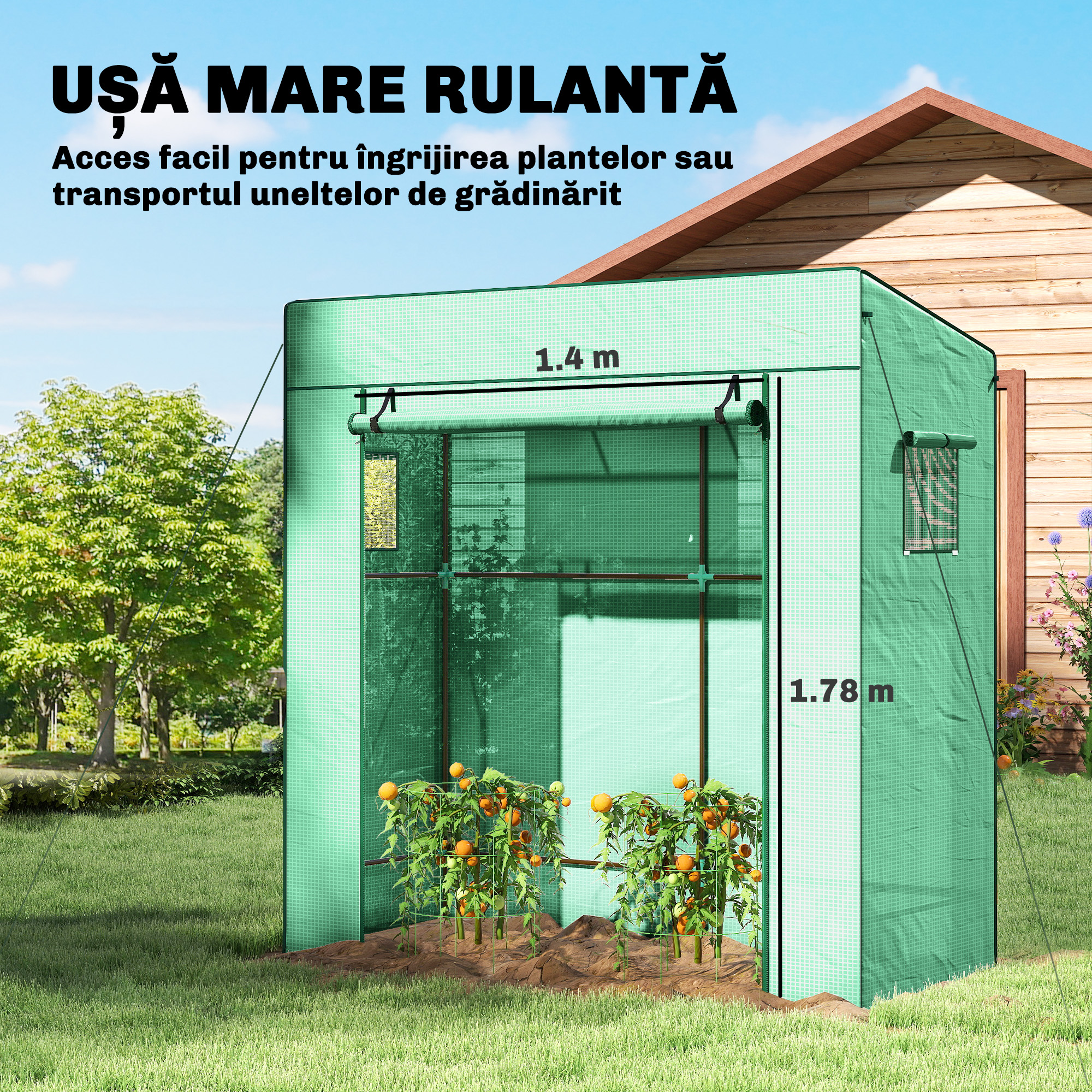  Sera de Gradina cu Acoperis inclinat, 2 Ferestre si Usa Rulabila, Sera pentru Legume cu Structura din Otel, Acoperire din PE Anti-UV, pentru Legume, Flori, Plante, 196x77x197 cm, Verde [4]