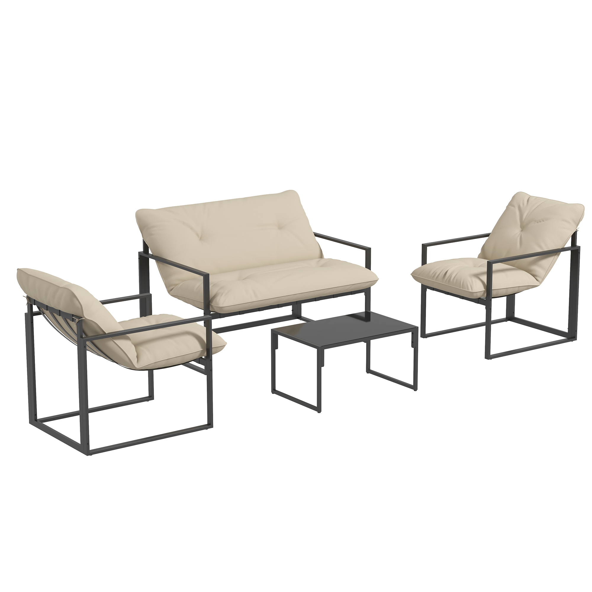 Gradina & balcon -  Set de Mobilier de Gradina din 4 Piese cu Canapea, 2 Fotolii si Masuta, din Otel, Poliester si Bumbac PP, Bej si Gri
