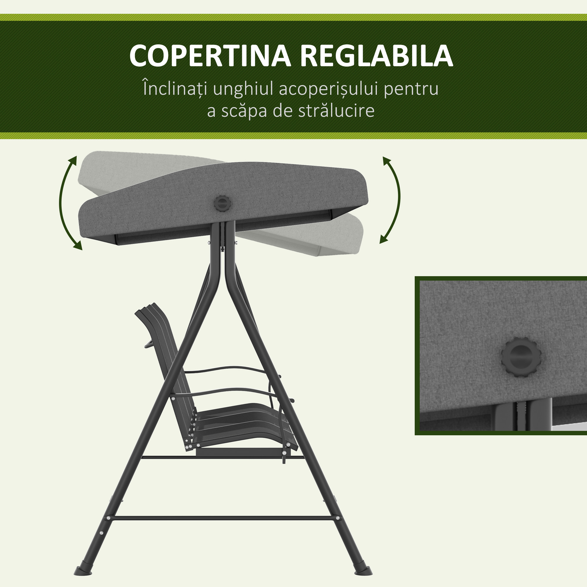  Balansoar de Gradina cu 3 Locuri, Copertina Reglabila si Picioare Anti-alunecare, 195x118x170 cm, Gri inchis [4]