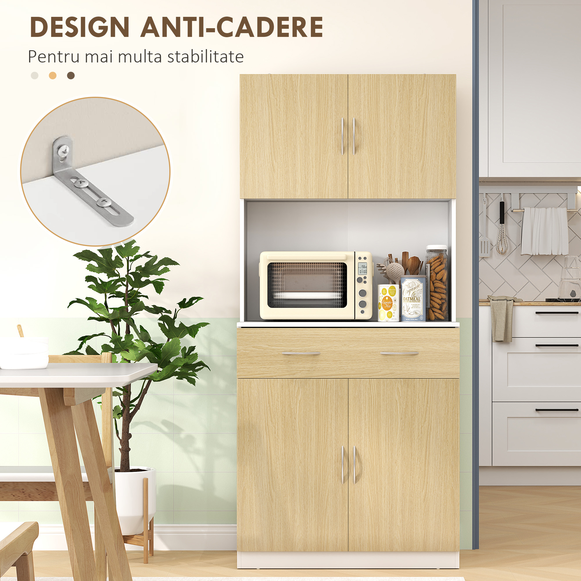  Dulap inalt de Bucatarie cu 2 Usi, Sertar, Bufet inalt din Lemn cu Rafturi Reglabile, 80x40x180 cm, Lemn Natural [7]