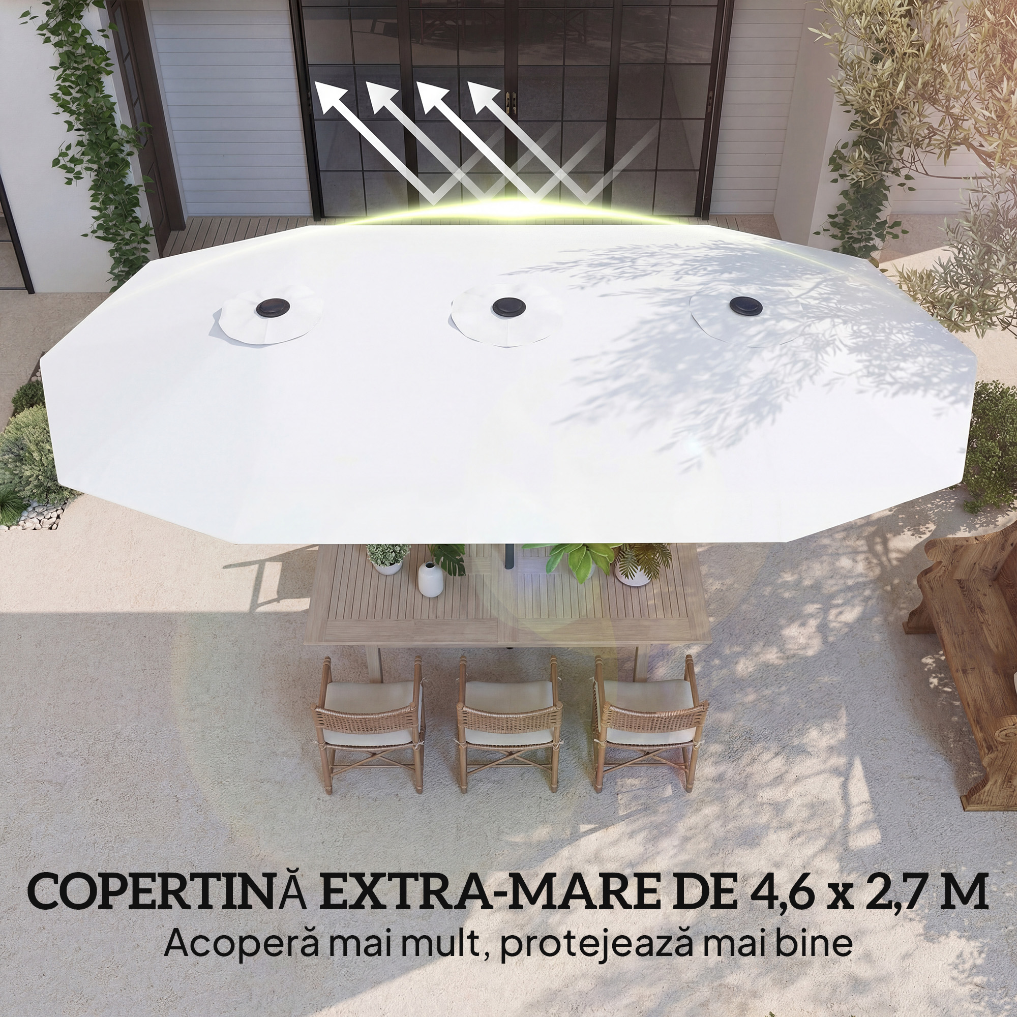  Umbrela Dubla de Gradina 4.6x2.7 m, Umbrela de Exterior cu Manivela, Husa Protectoare, 12 Spite, Anti UV 50+, pentru Terasa Balcon Piscina Gradina, Alb [3]