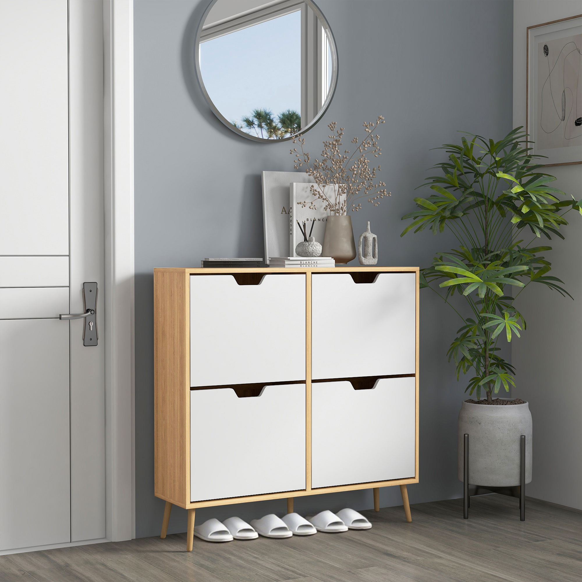  Dulap Pantofar Modern cu 4 Sertare Rabatabile si Raft Reglabil, Organizator de Depozitare pentru Dulap Pantofar de Hol pentru 16 Perechi de Pantofi, Natur [1]