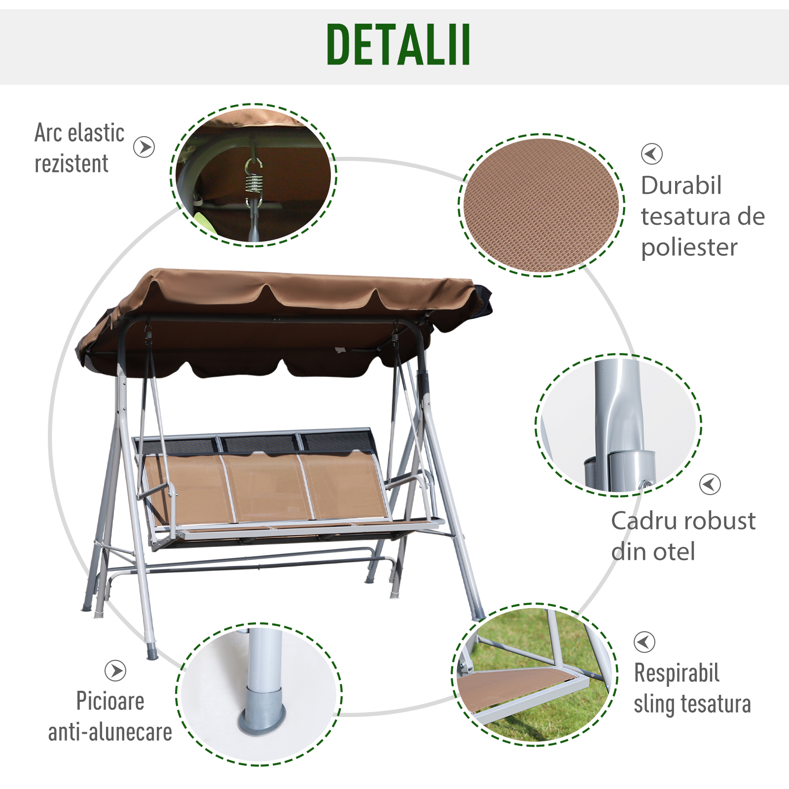  Balansoar de Gradina 3 Locuri Schelet in Metal Maro 171x108x154cm [4]