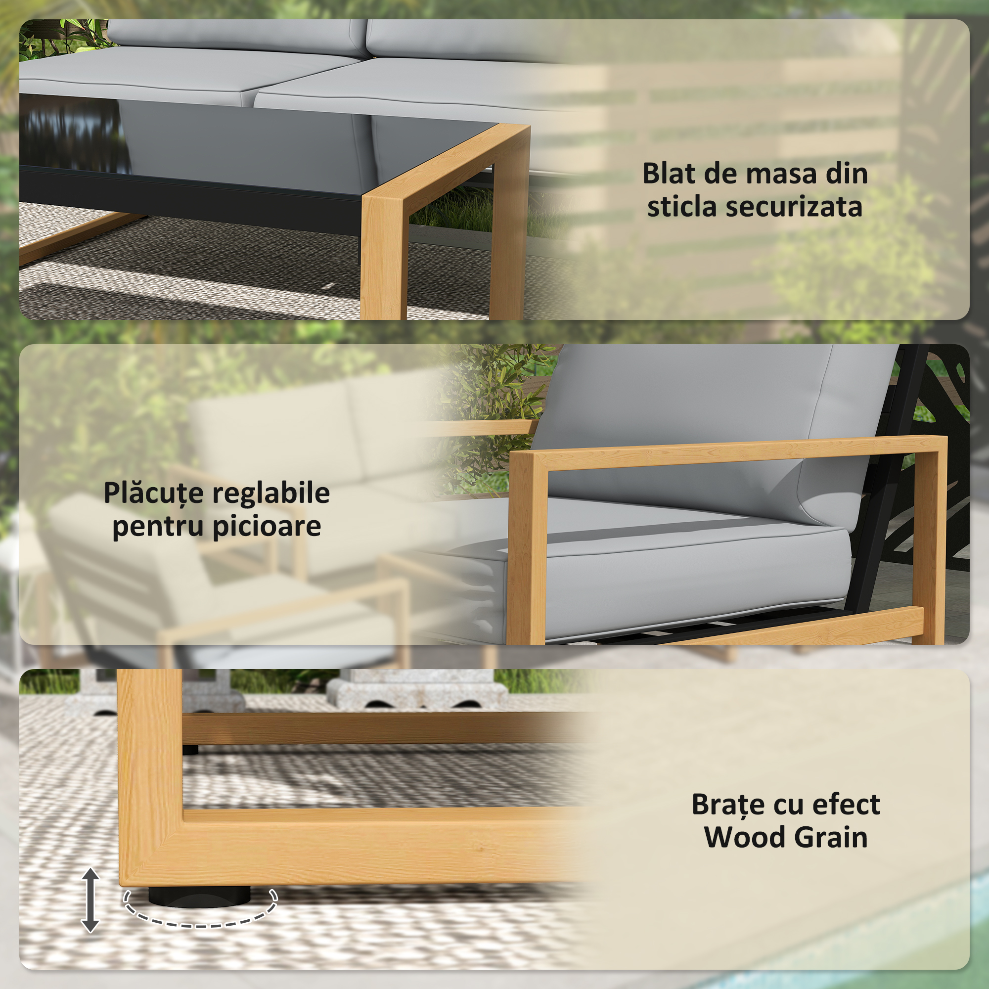 Set de Gradina  4 Piese cu 2 Fotolii, Divan si Masuta, din Aluminiu si Fibra, Gri si Culoare Lemn [7]