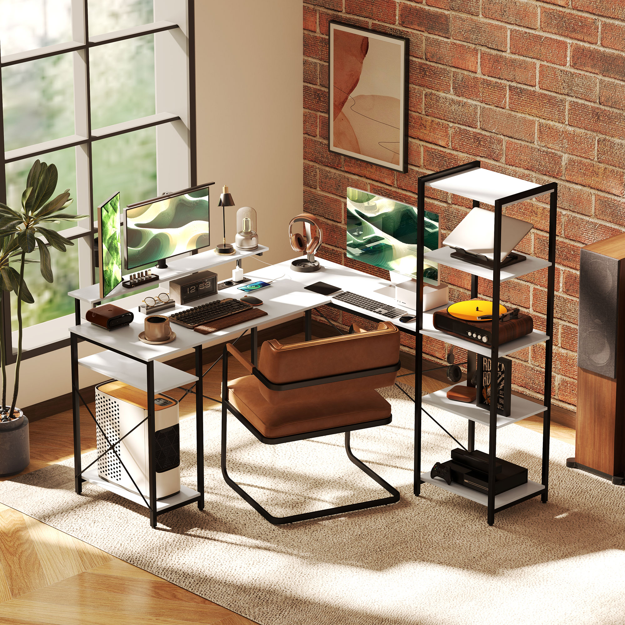  Birou de Colt pentru Computer in Forma de L cu Biblioteca, 137x140x139,5 cm, Negru [7]