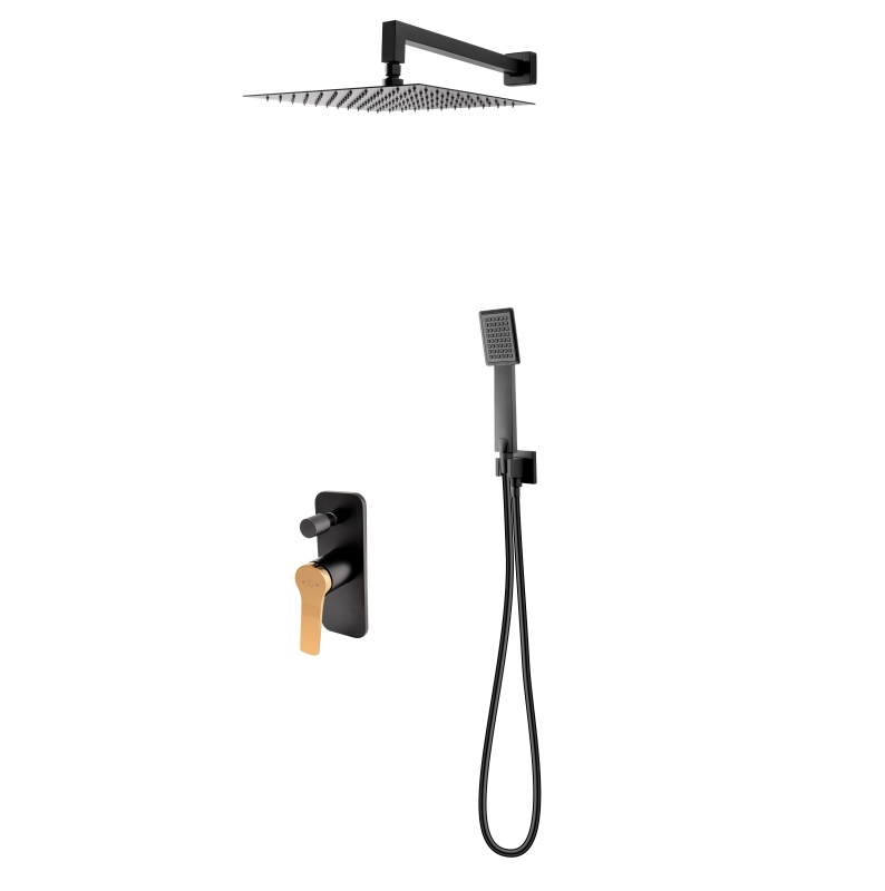 Baie - Sistem de dus FDesign Seppia FD1-SPA-7PSET-25, 1/2'', incastrat, 300 mm, 1 pulverizare, anti-calcar, mat, negru / cupru
